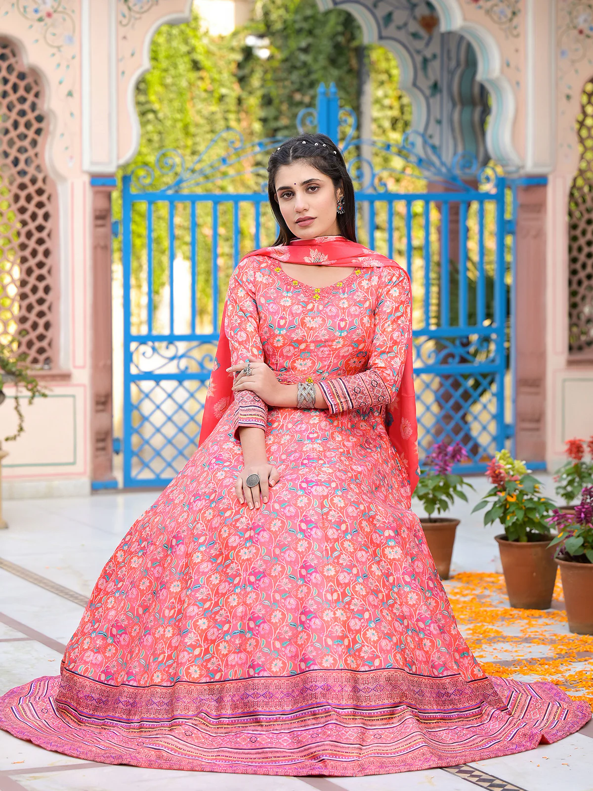 Odette Red Silk Stitched Gown with Dupatta For Women - Image 4