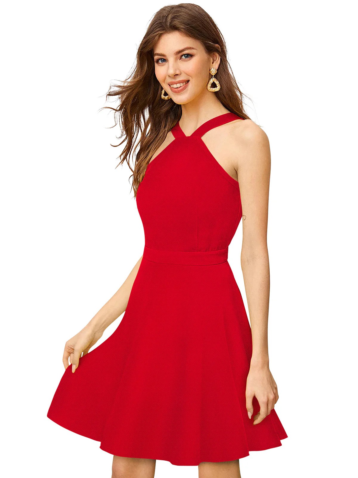 Odette Red Skater Knit Fabric Dress For Women - Image 2