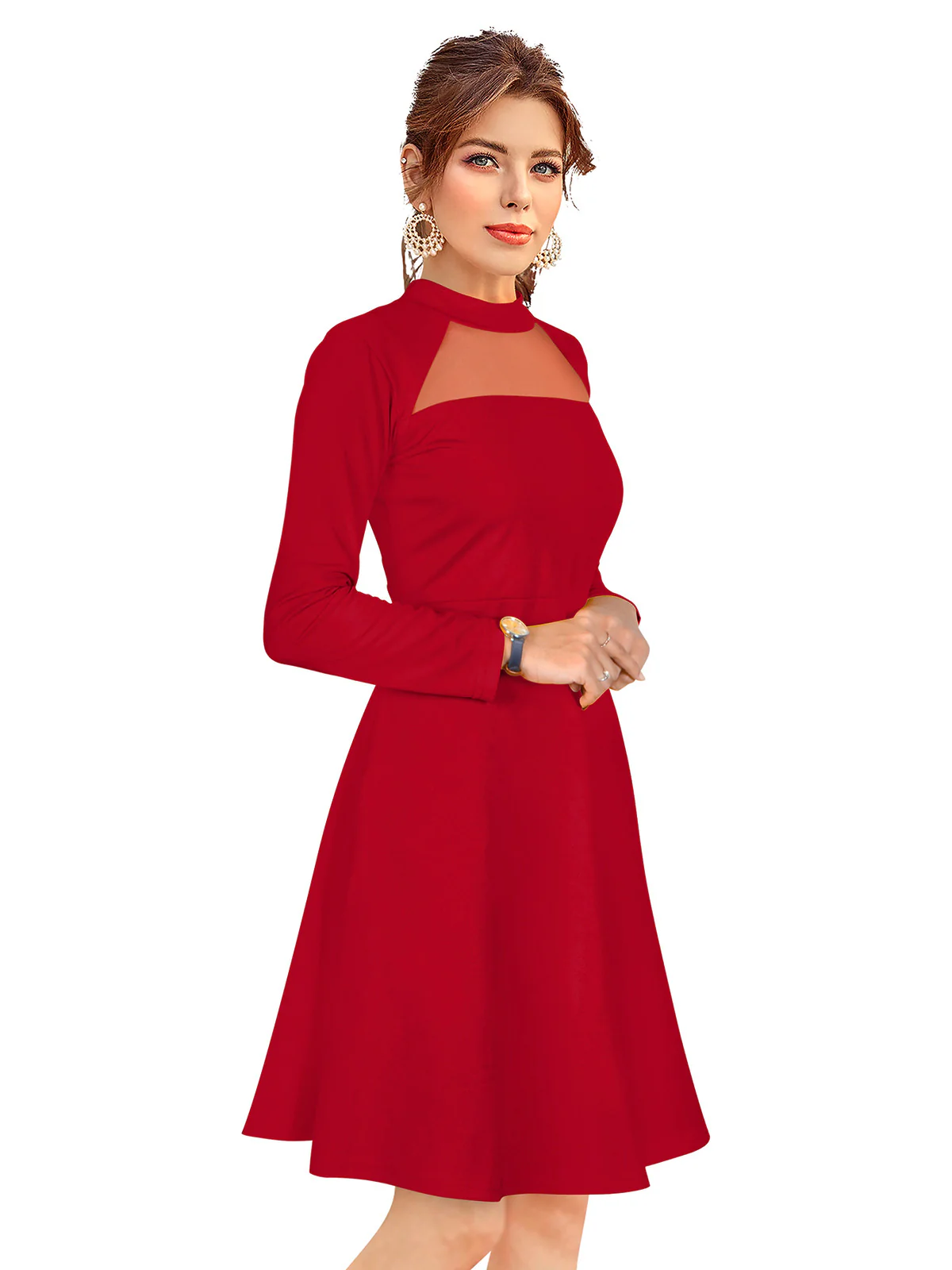 Odette Red Skater Knit Fabric Dress For Women - Image 2