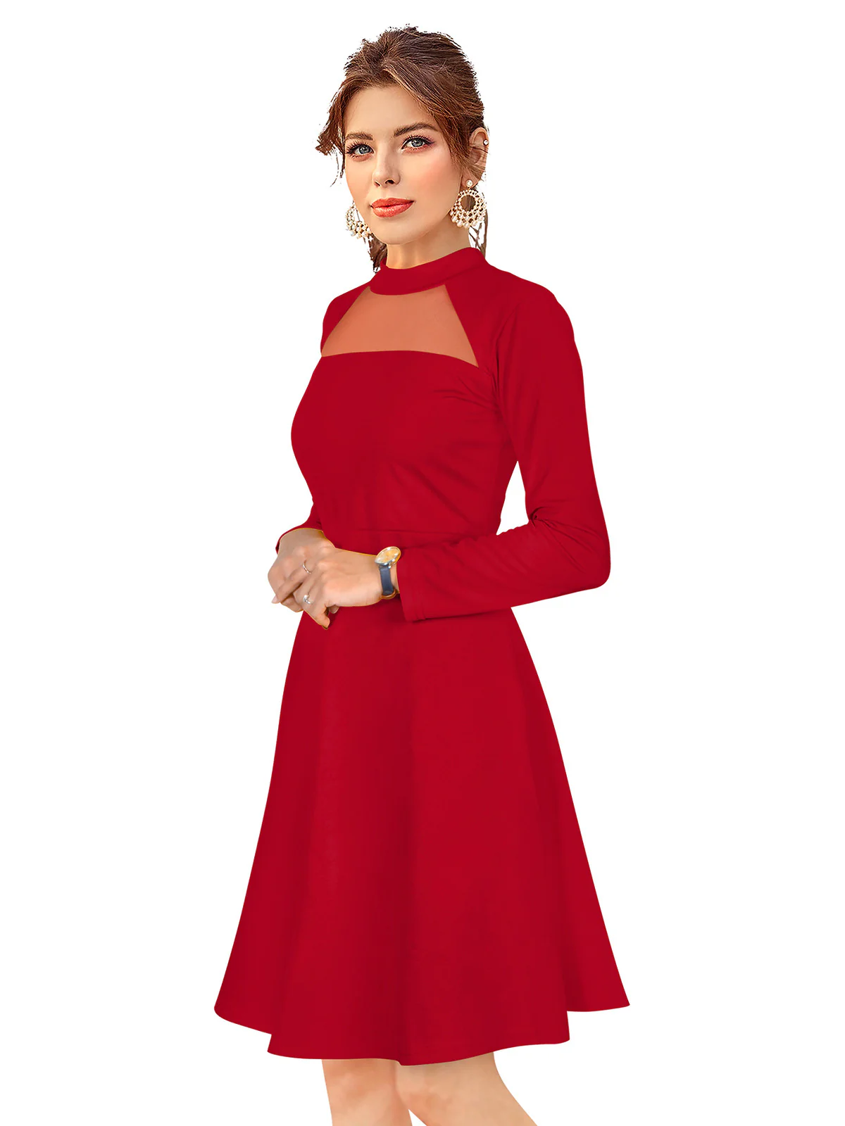 Odette Red Skater Knit Fabric Dress For Women - Image 3