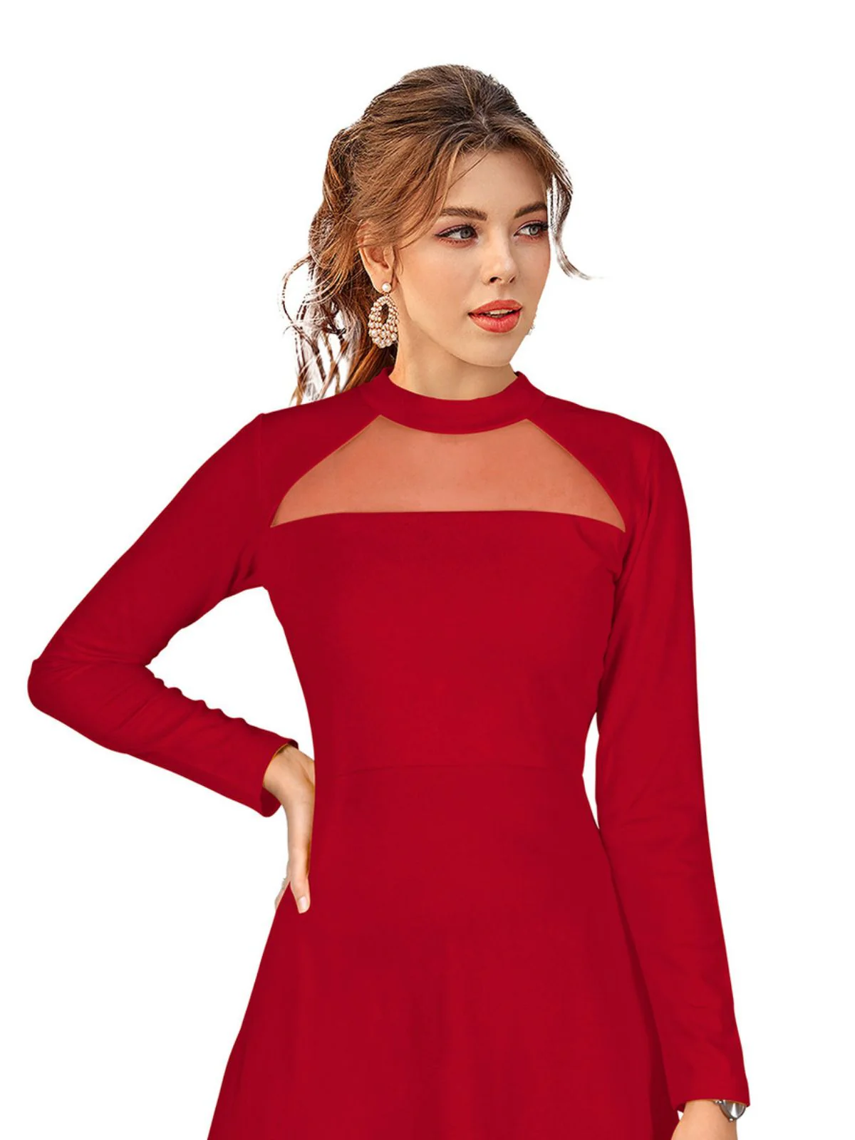 Odette Red Skater Knit Fabric Dress For Women - Image 5