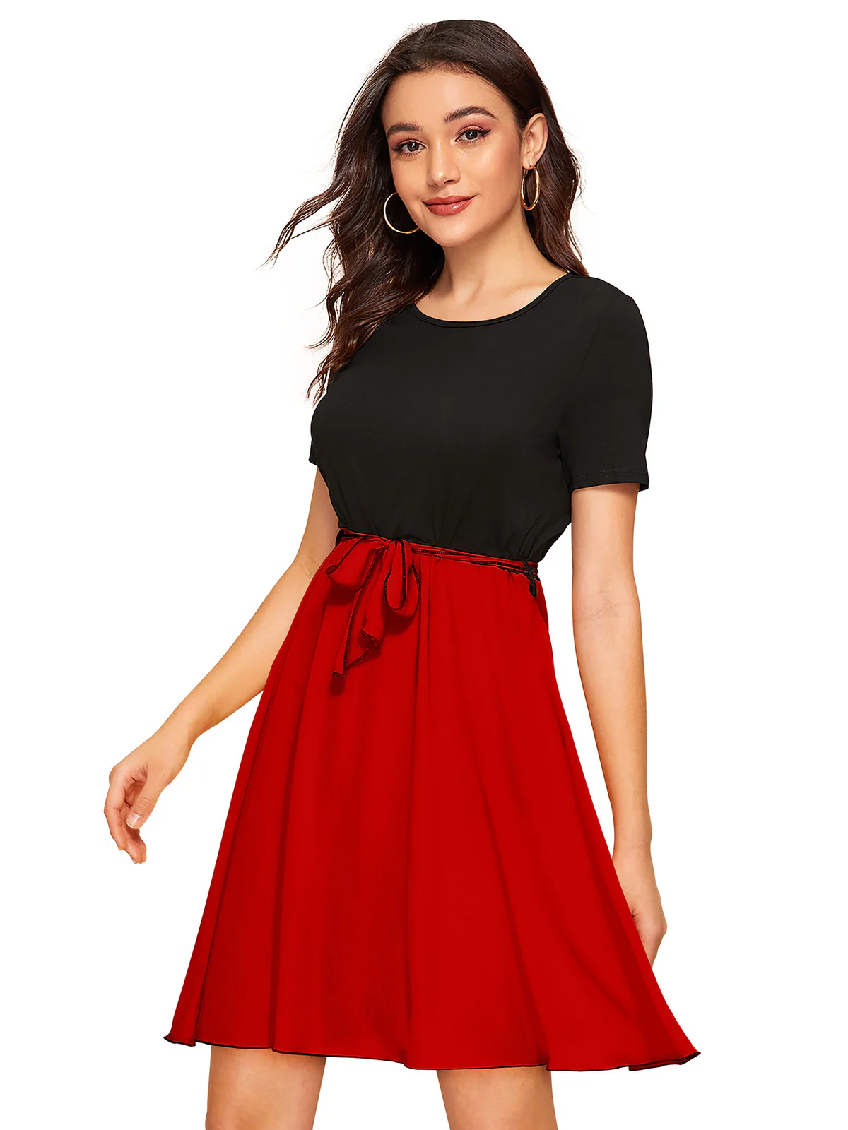 Odette Red and Black Knit Fabric Dress For Women - Image 3