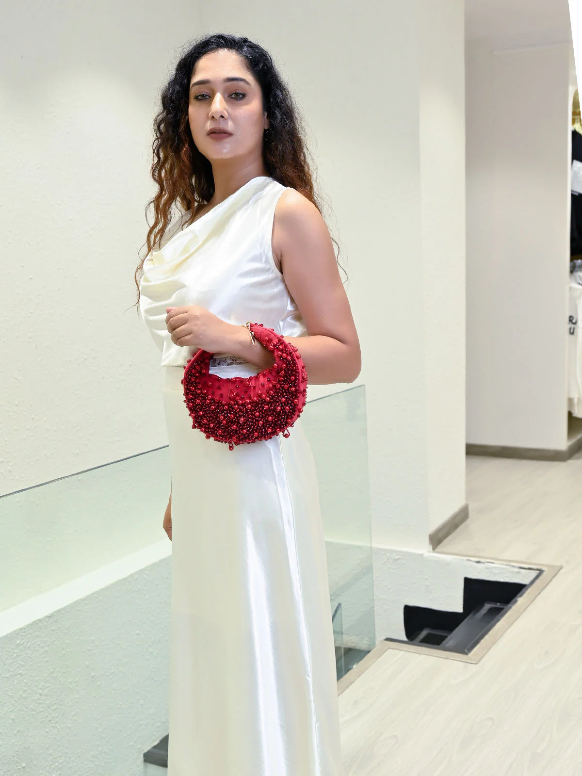 Odette Red Suede Embellished Clutch For Women - Image 2