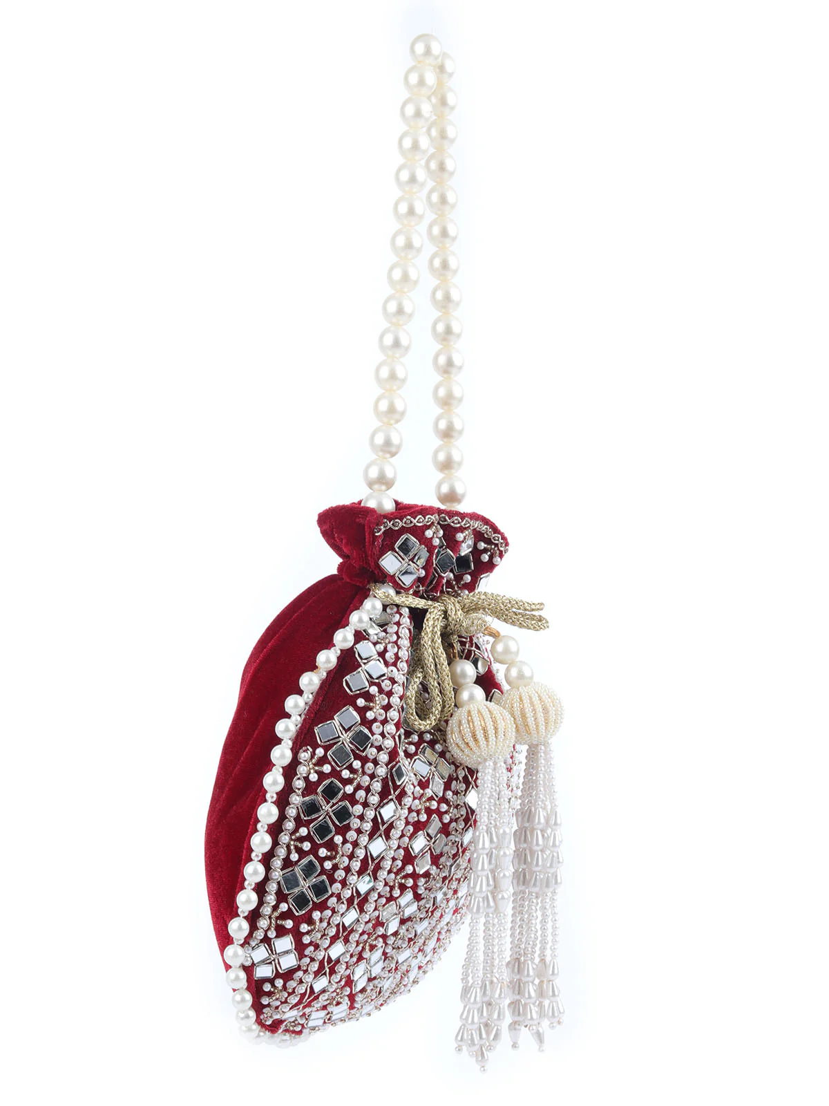 Odette Red Suede Embellished Potli For Women - Image 4