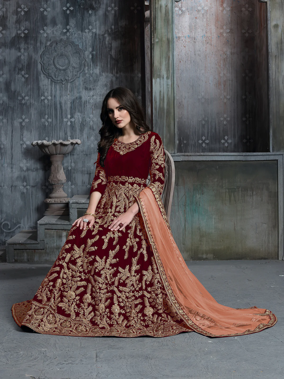 Odette Red Velvet Embroidered Semi stitched Kurta Set For Women - Image 2