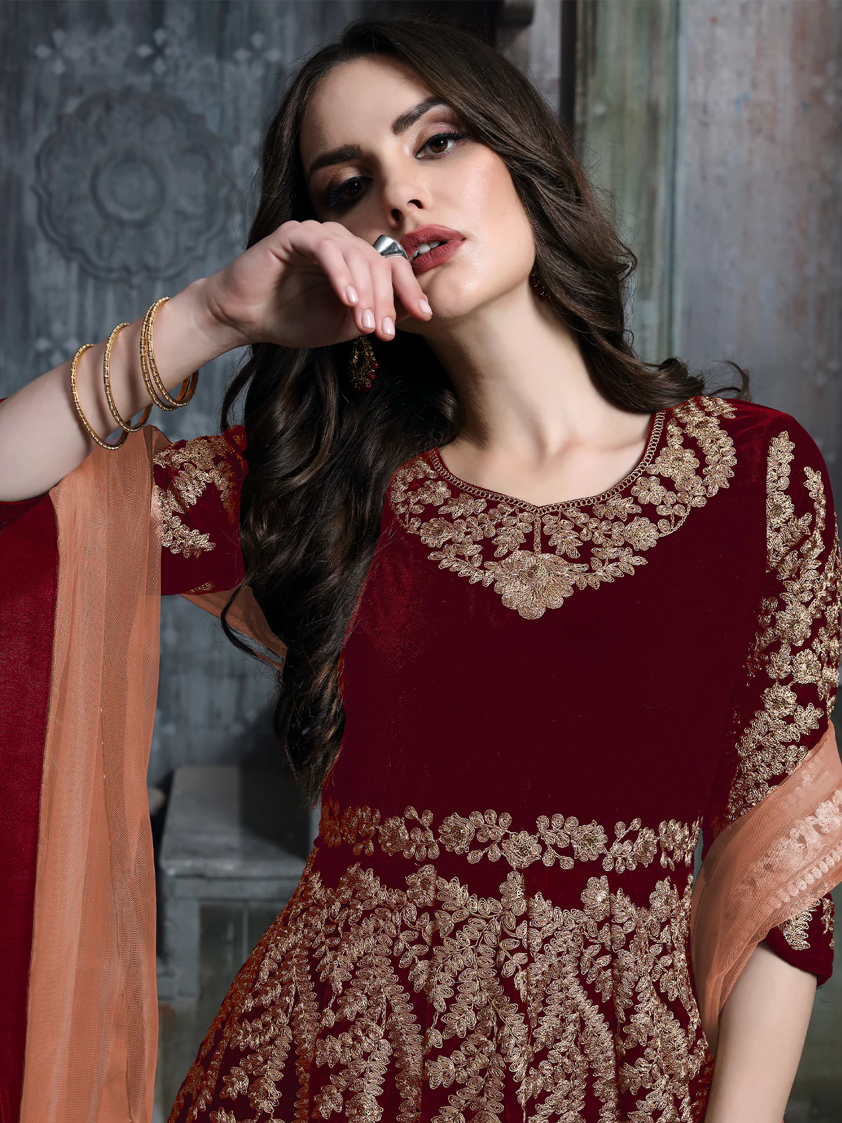 Odette Red Velvet Embroidered Semi stitched Kurta Set For Women - Image 3