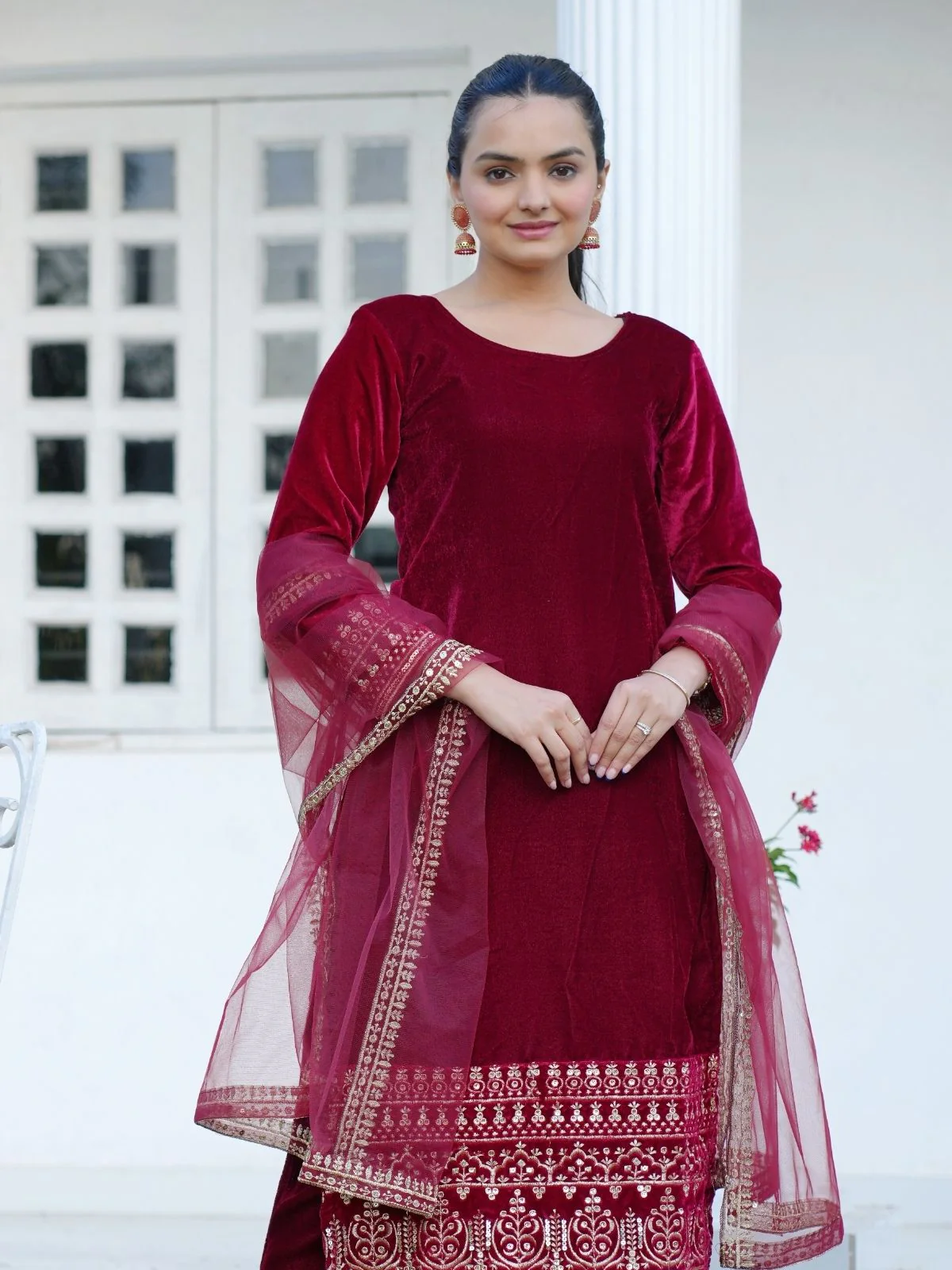 Odette Red Velvet Embroidered Stitched Kurta Set For Women - Image 2