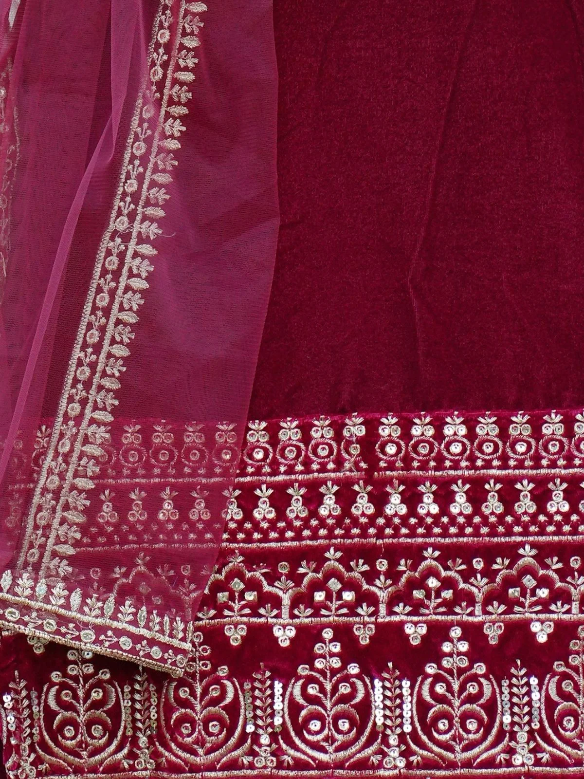 Odette Red Velvet Embroidered Stitched Kurta Set For Women - Image 3