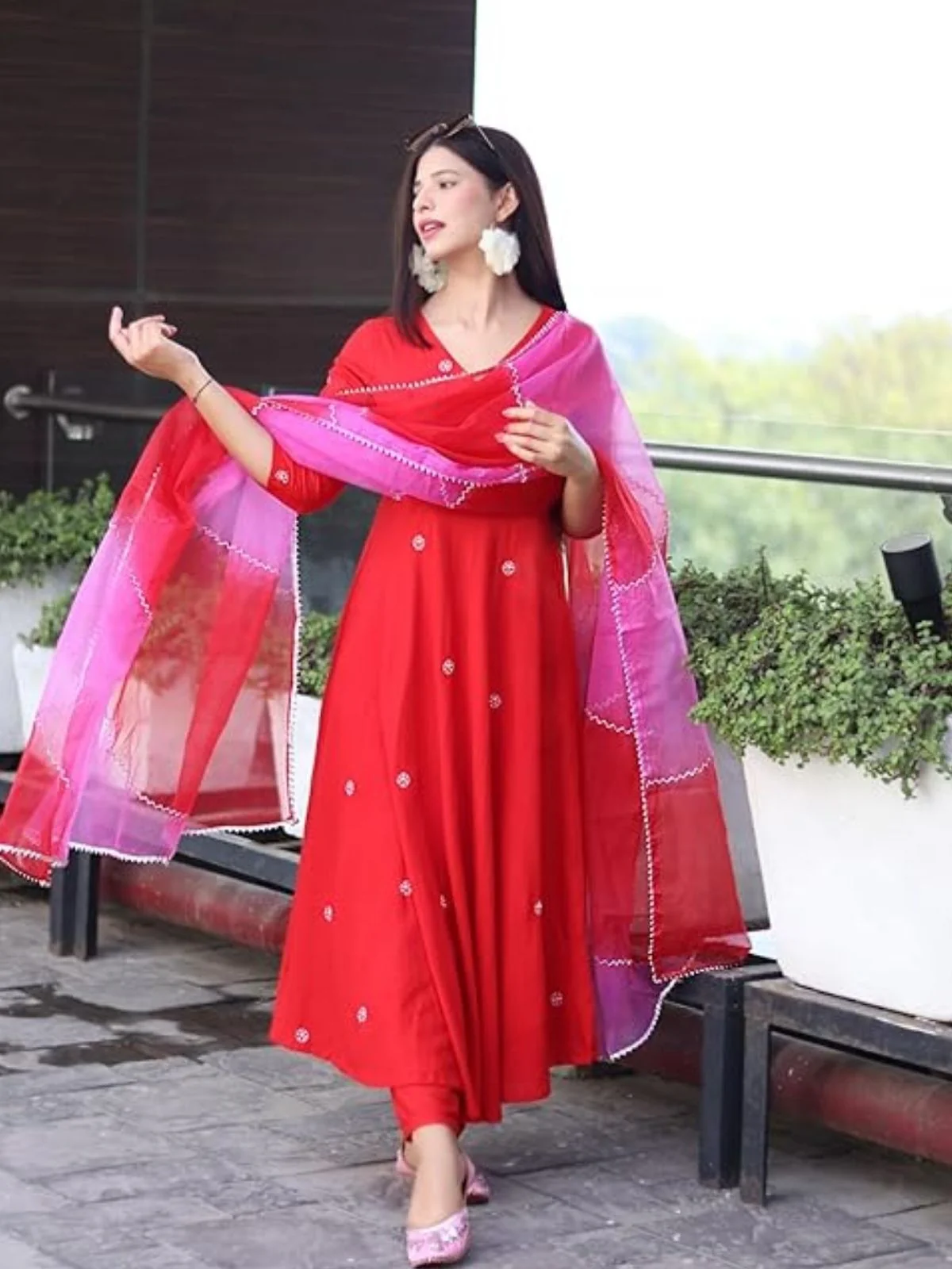 Odette Red Viscose Embroidered Stiched Kurta Set For Women - Image 2