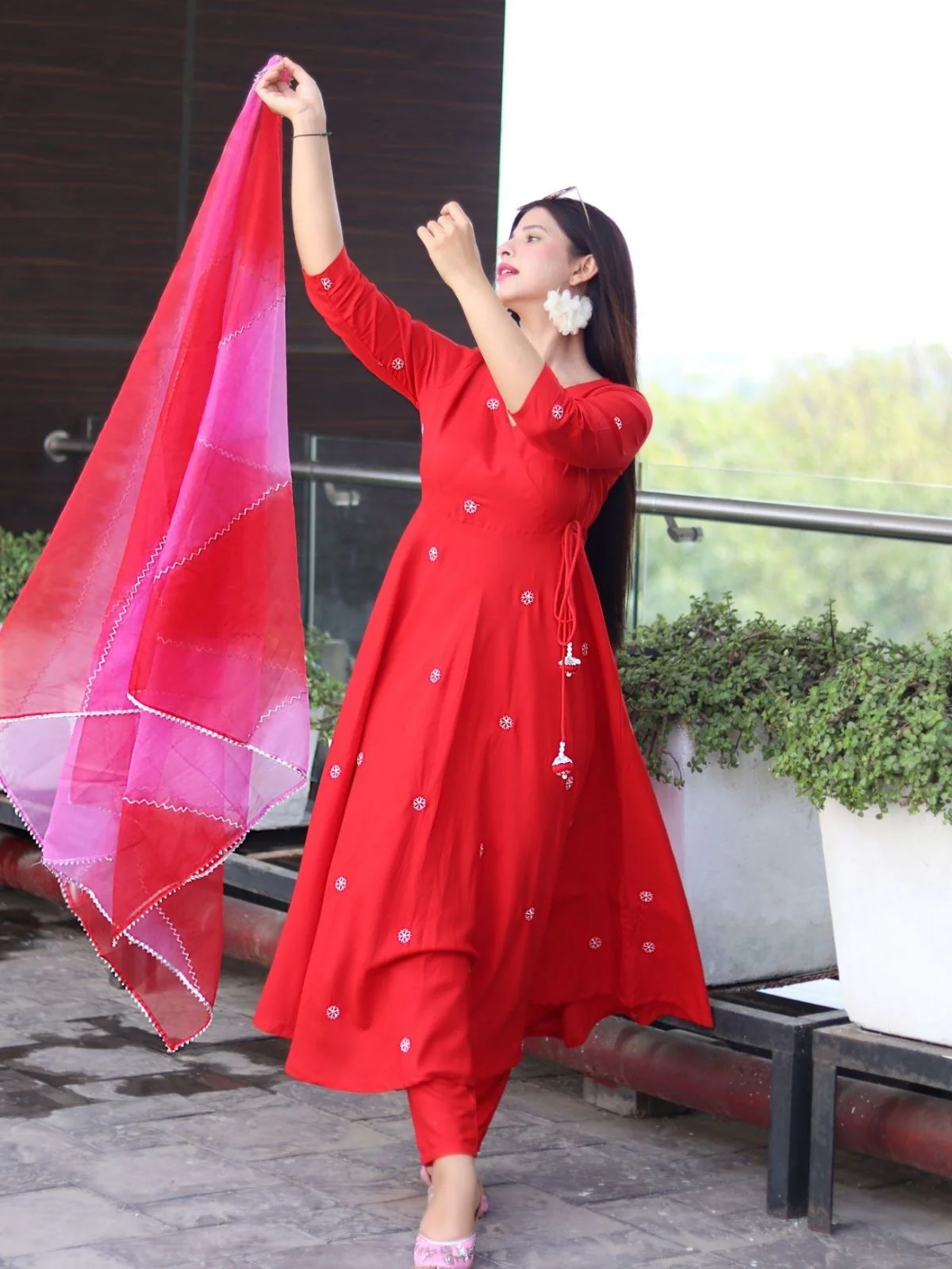 Odette Red Viscose Embroidered Stiched Kurta Set For Women - Image 4