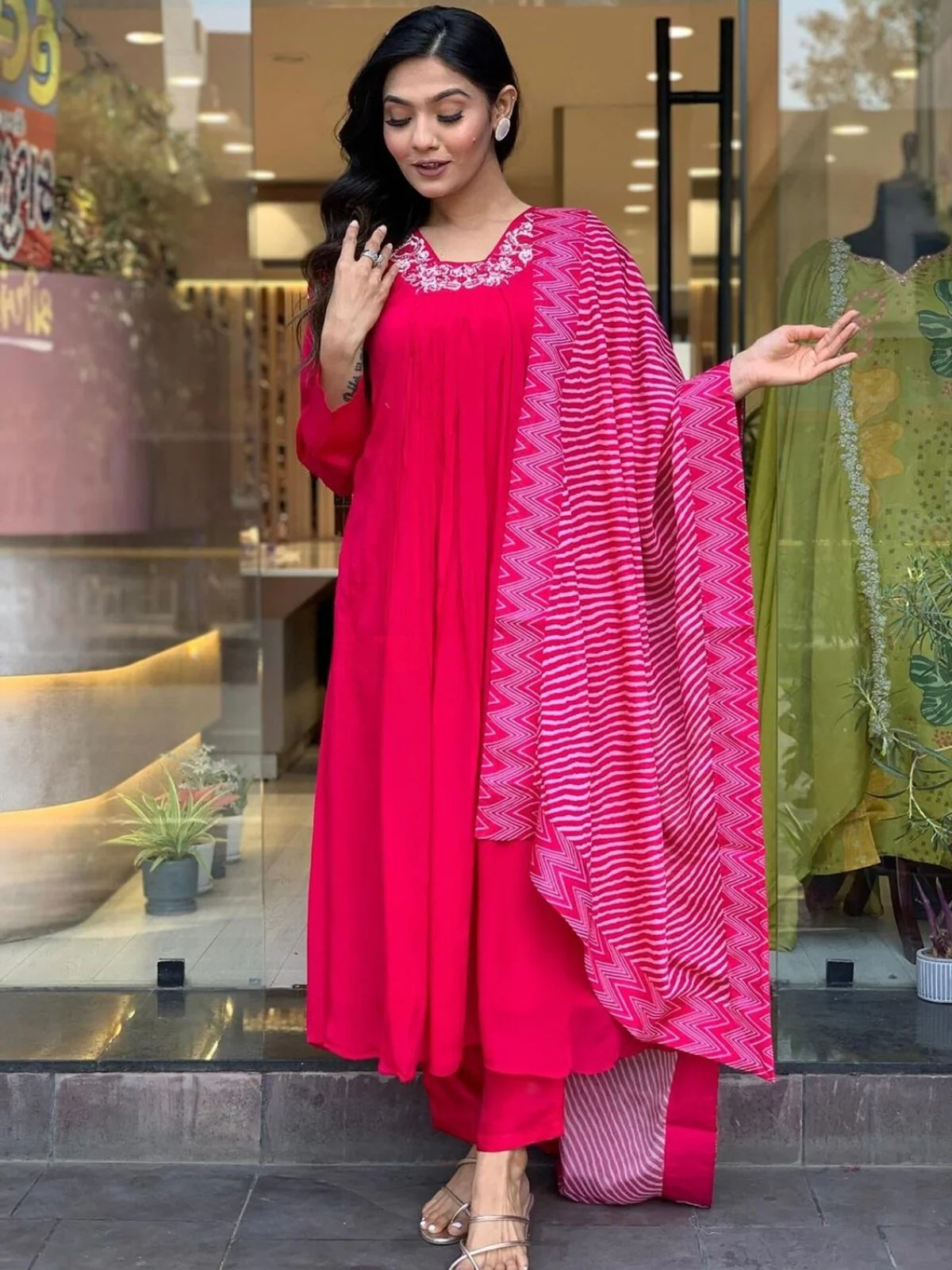 Odette Red Viscose Embroidered Stitched Kurta Set for Women - Image 2