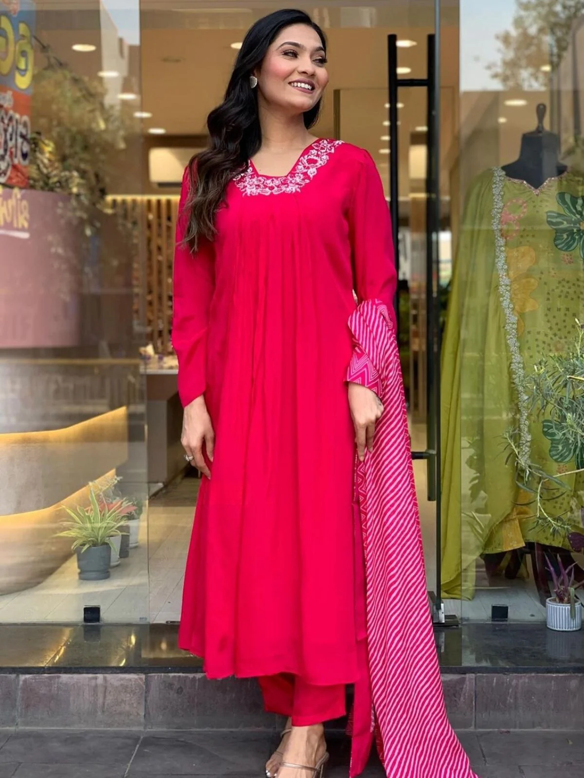 Odette Red Viscose Embroidered Stitched Kurta Set for Women - Image 3