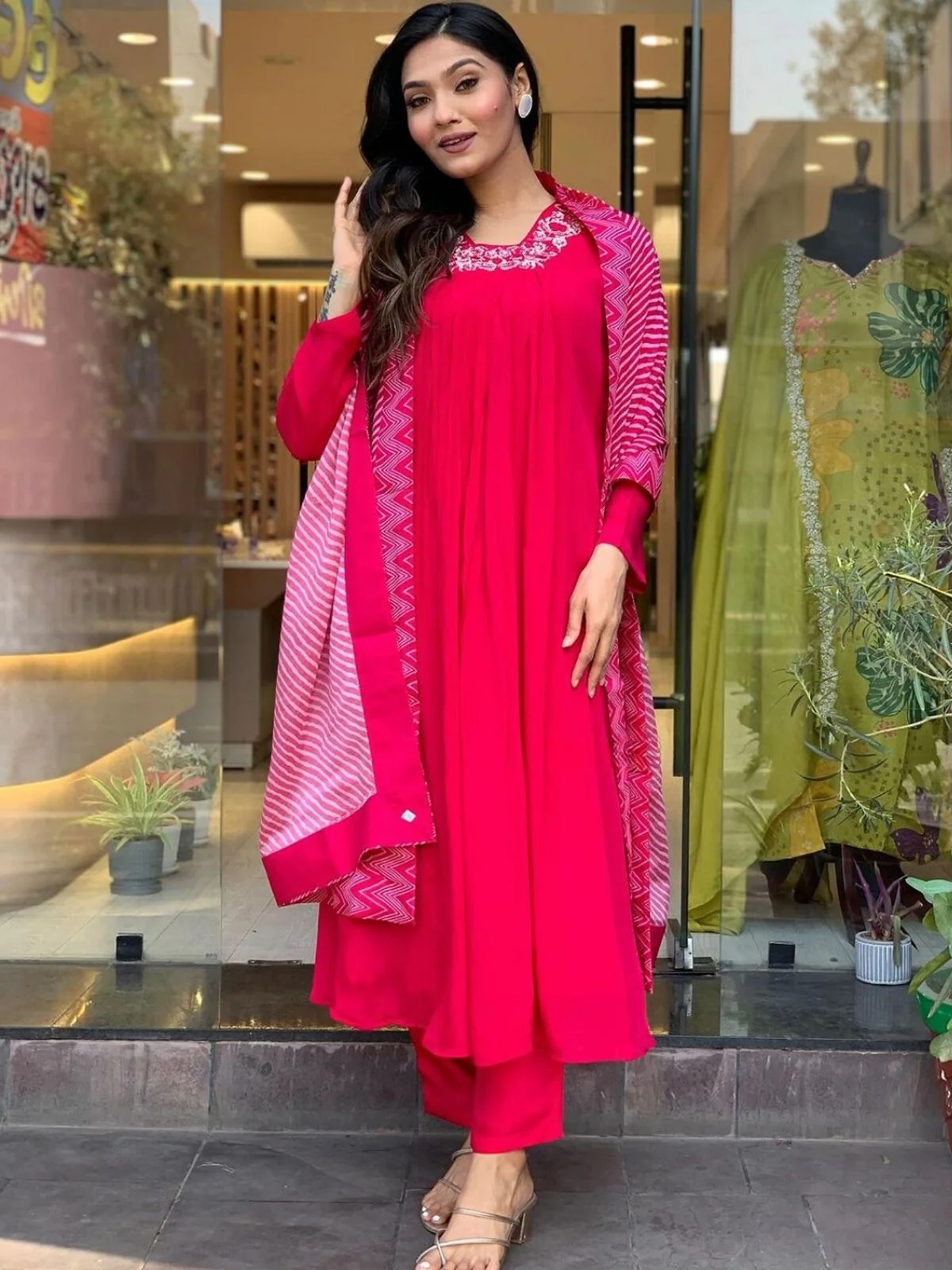 Odette Red Viscose Embroidered Stitched Kurta Set for Women - Image 4