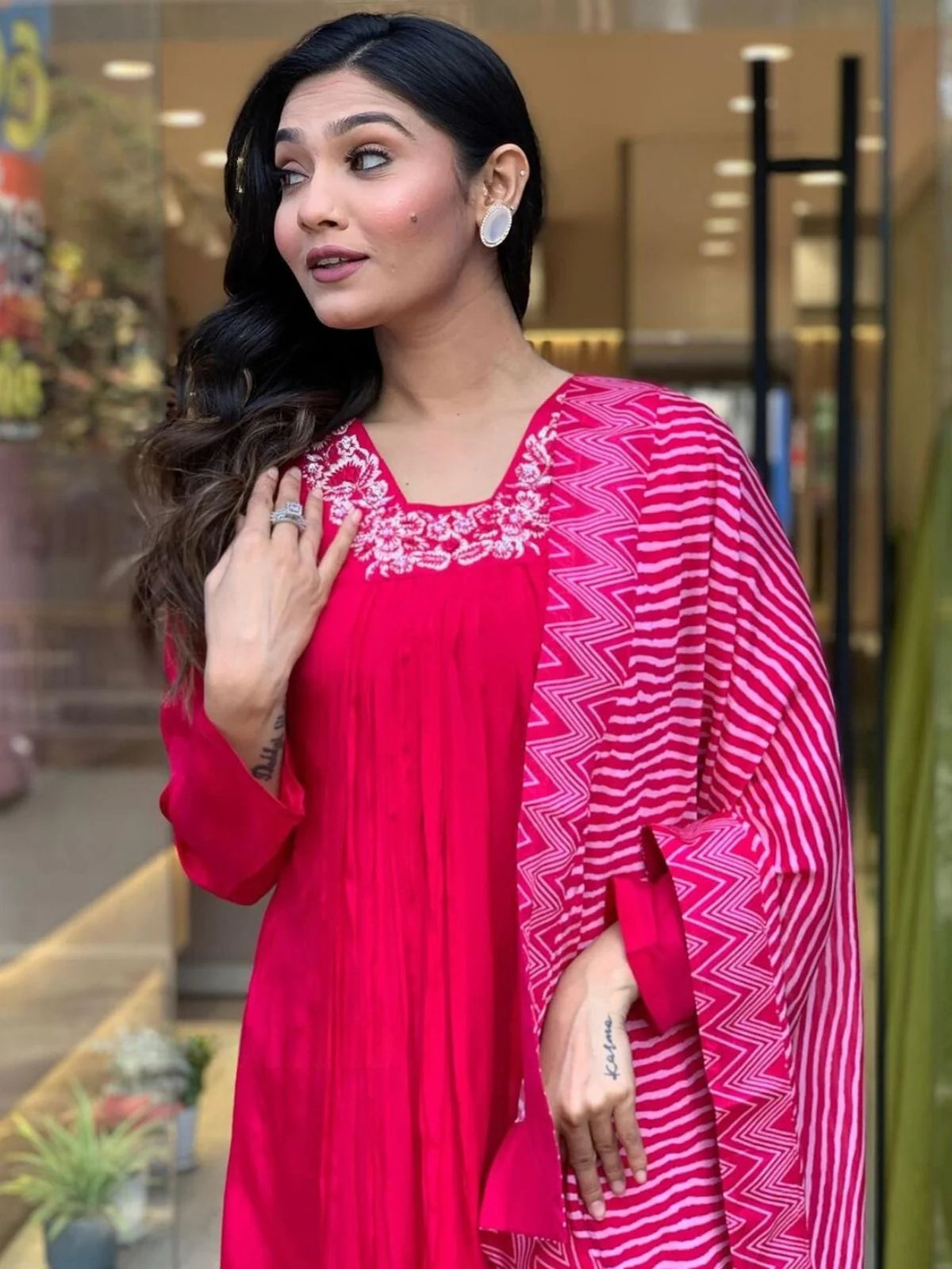 Odette Red Viscose Embroidered Stitched Kurta Set for Women - Image 5