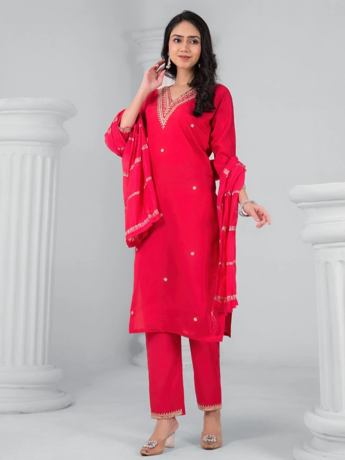 Odette Red Viscose Rayon Embroidered Stitched Kurta Set For Women - Image 3
