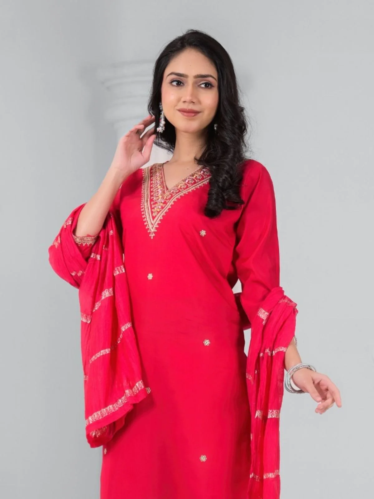 Odette Red Viscose Rayon Embroidered Stitched Kurta Set For Women - Image 5