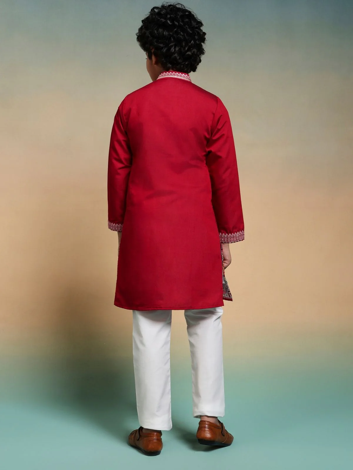 Odette Red Viscose Silk Embroidered Stitched Kurta Set For Kids - Image 2