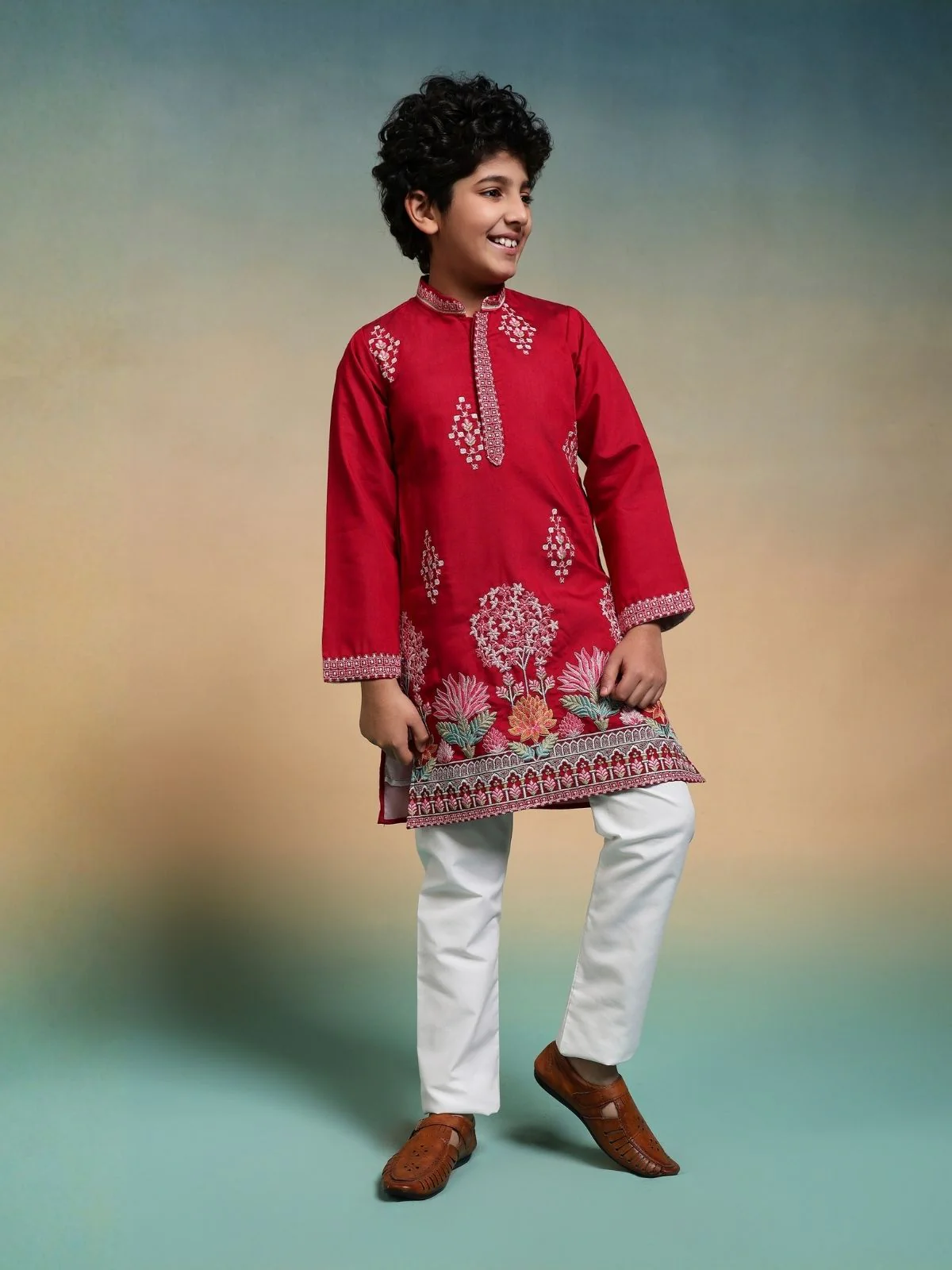 Odette Red Viscose Silk Embroidered Stitched Kurta Set For Kids - Image 5