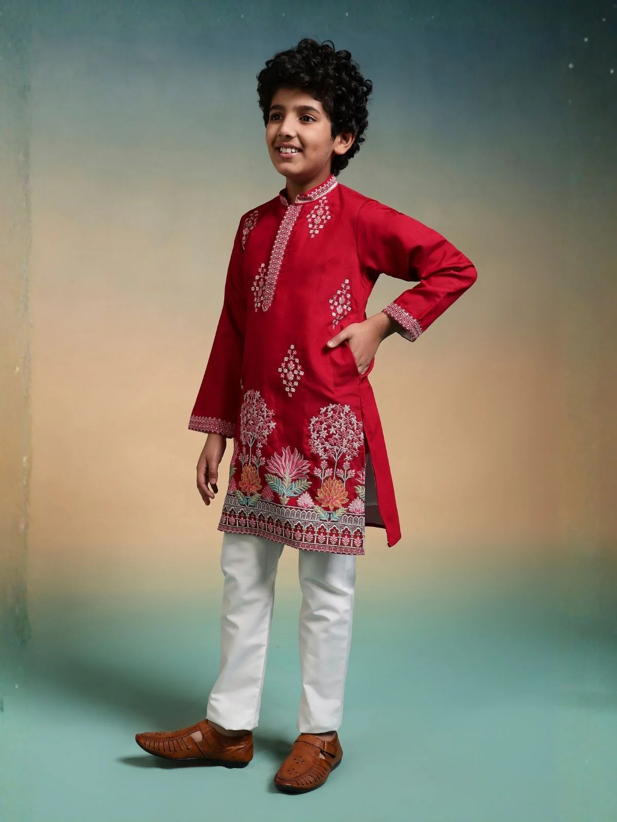 Odette Red Viscose Silk Embroidered Stitched Kurta Set For Kids - Image 6