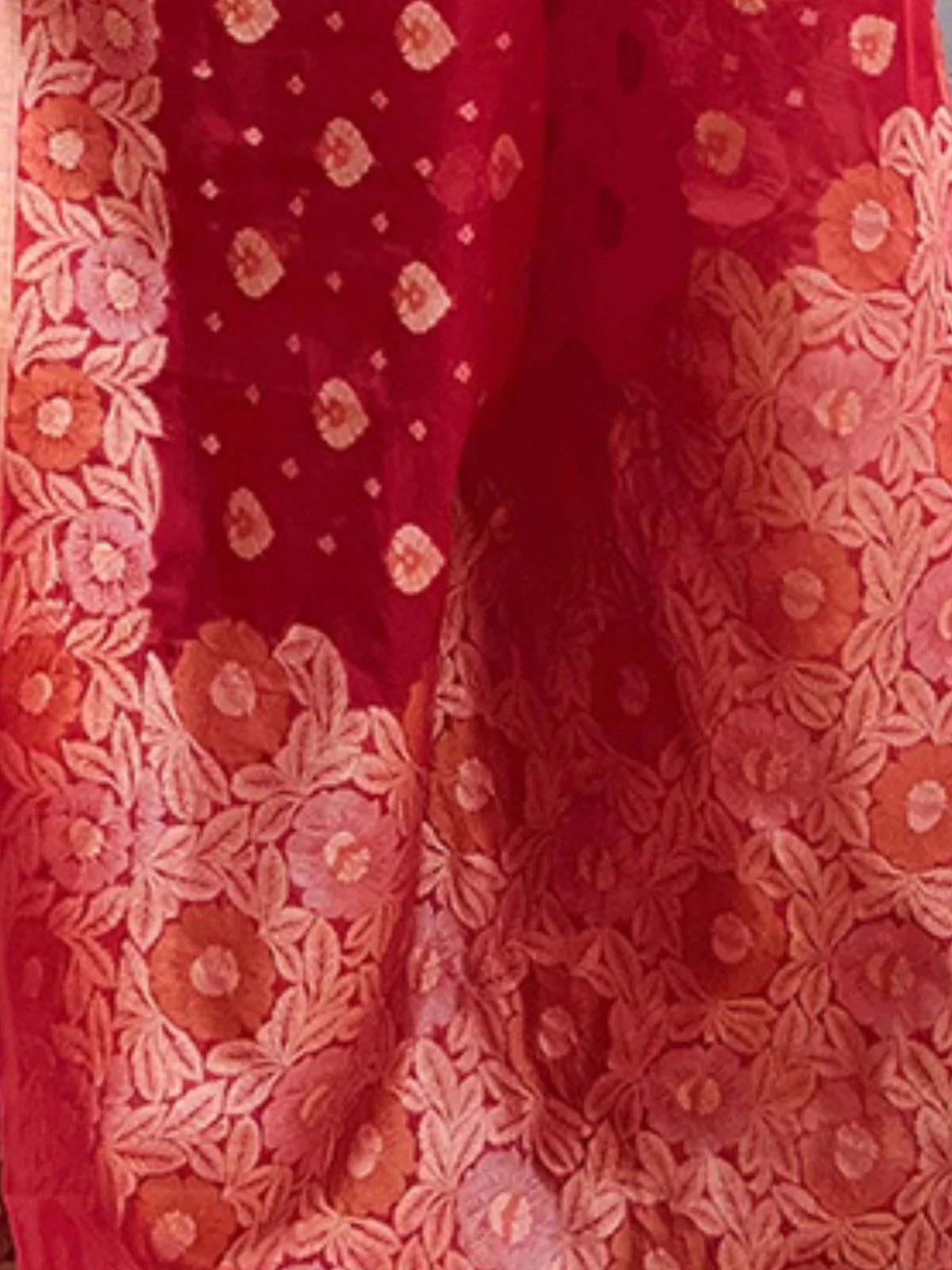 Odette Red Woven Design Organza Saree With Unstitched Blouse For Women - Image 4