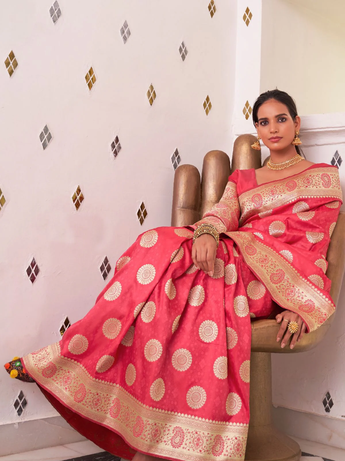 Odette Red Woven Design Satin Silk Saree With Unstitched Blouse For Women - Image 2