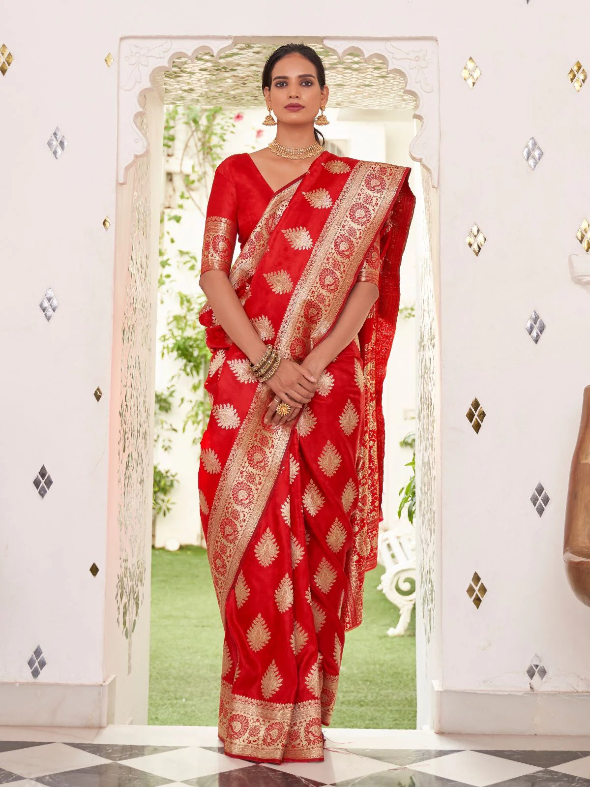 Odette Red Woven Design Satin Silk Saree With Unstitched Blouse For Women - Image 2