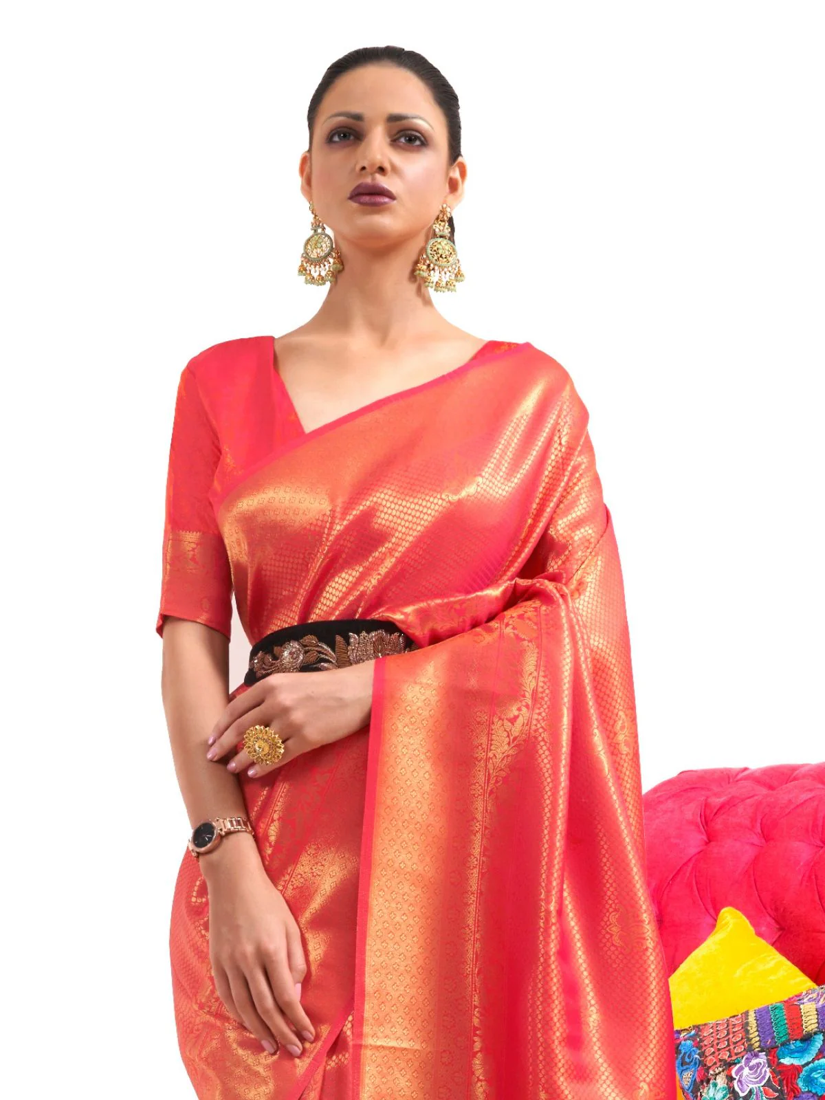 Odette Red Woven Design Silk Blend Saree With Unstitched Blouse For Women - Image 2