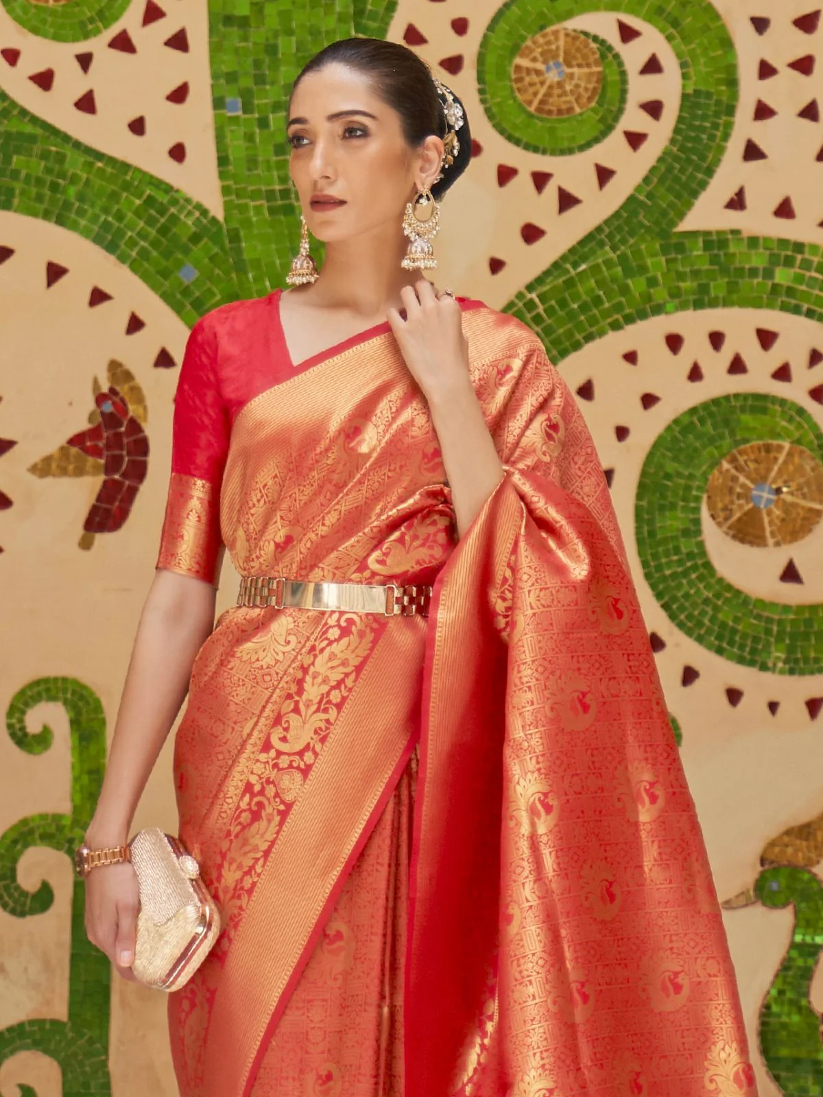 Odette Red Woven Design Silk Blend Saree With Unstitched Blouse For Women - Image 2