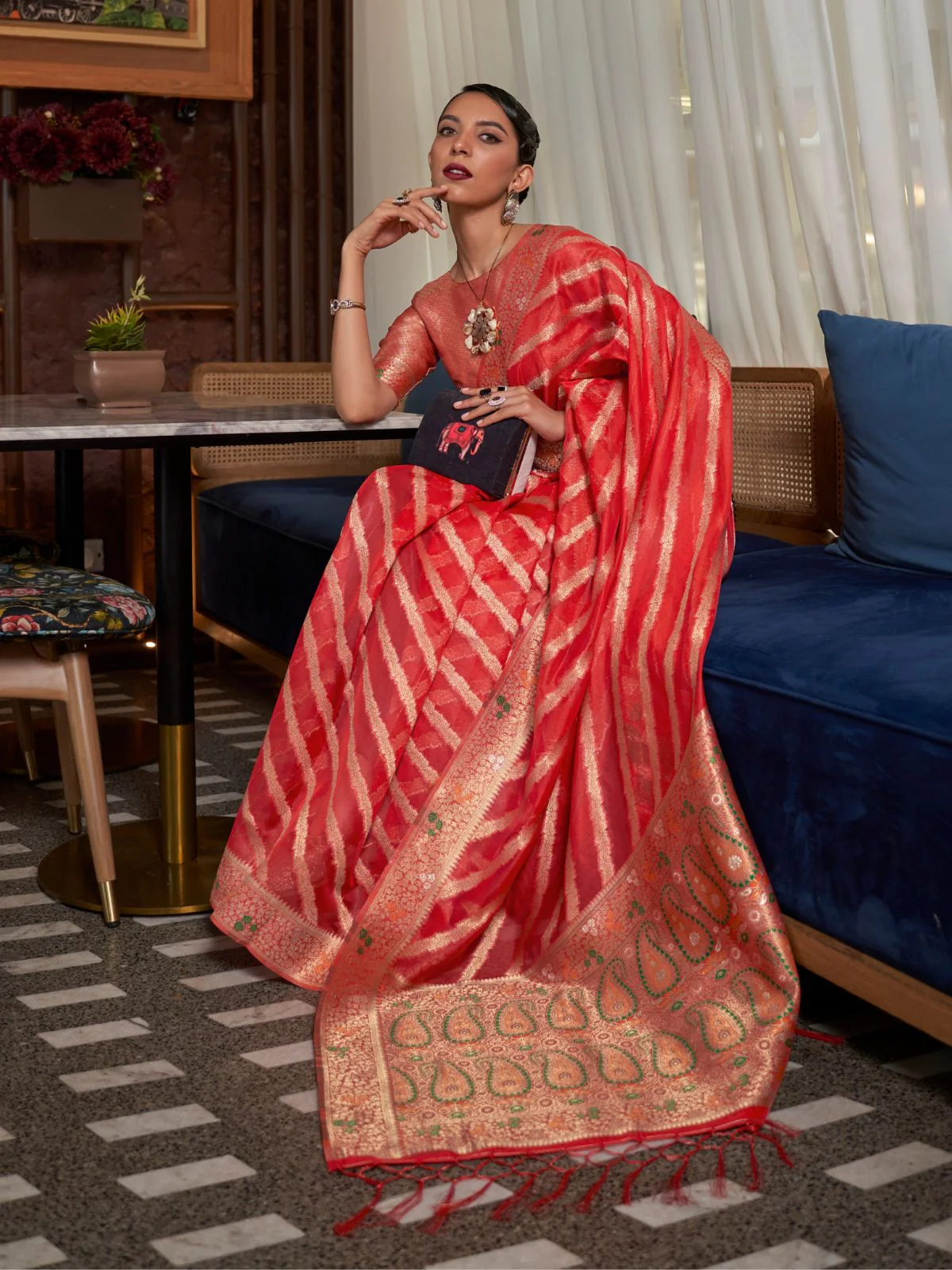 Odette Red Woven Design Silk Blend Saree With Unstitched Blouse For Women - Image 2