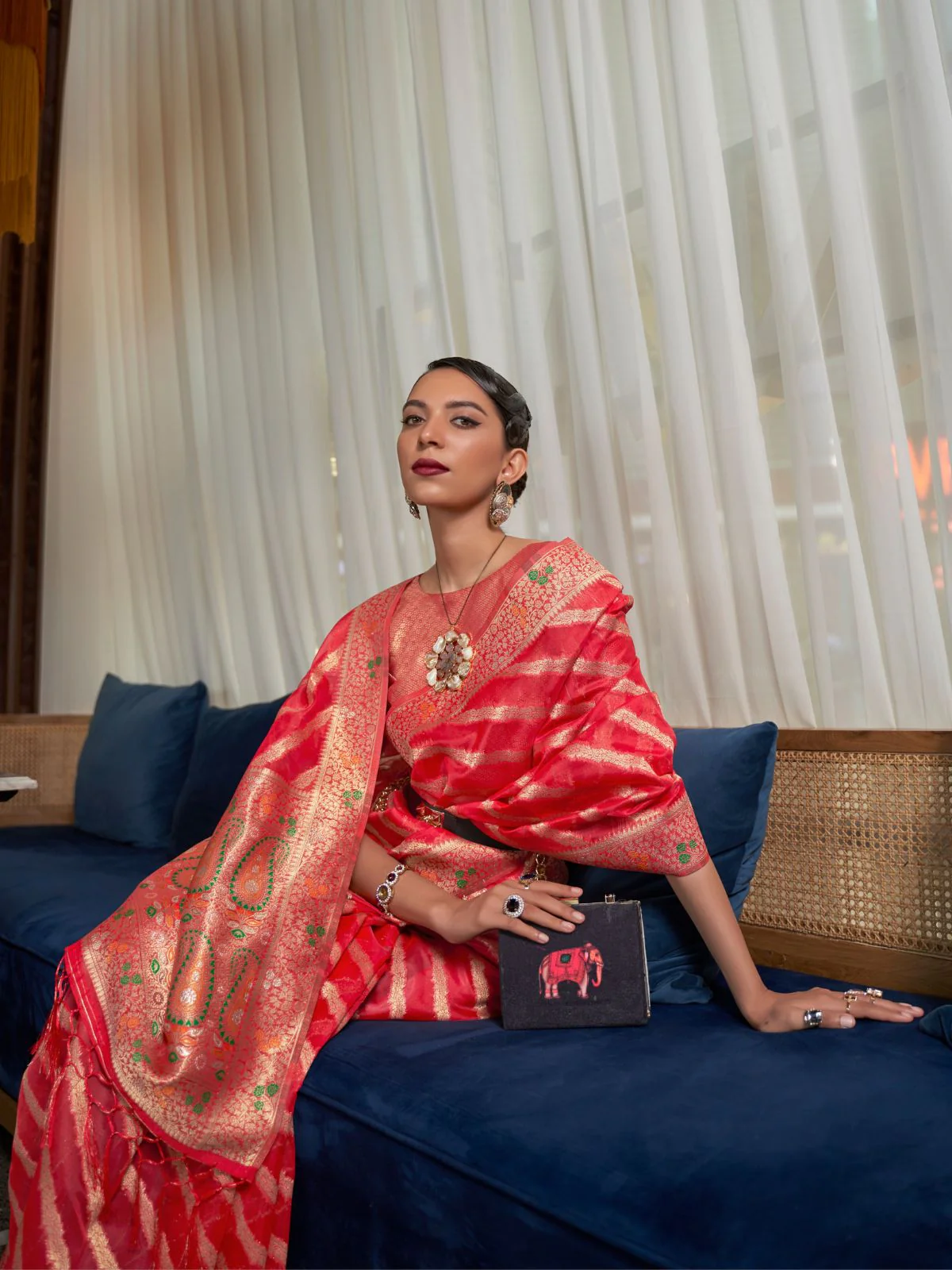 Odette Red Woven Design Silk Blend Saree With Unstitched Blouse For Women - Image 3