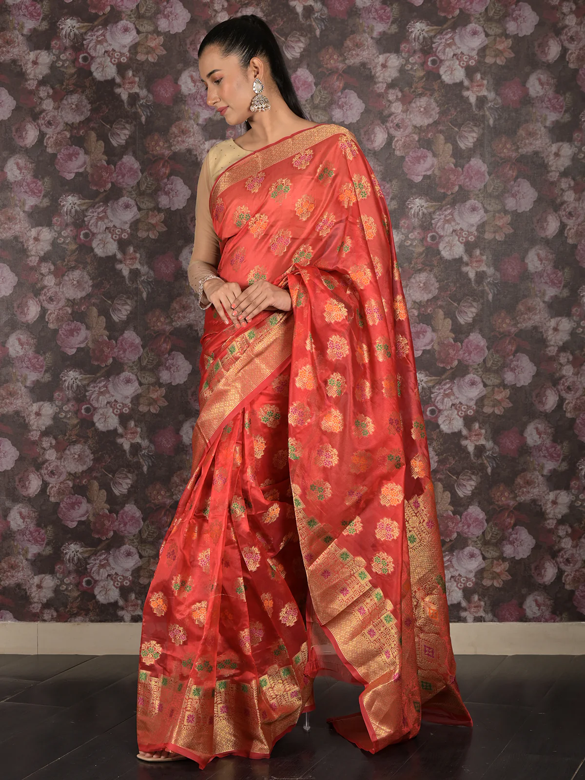 Odette Red Woven Silk Blend Saree With Unstitched Blouse For Women - Image 3