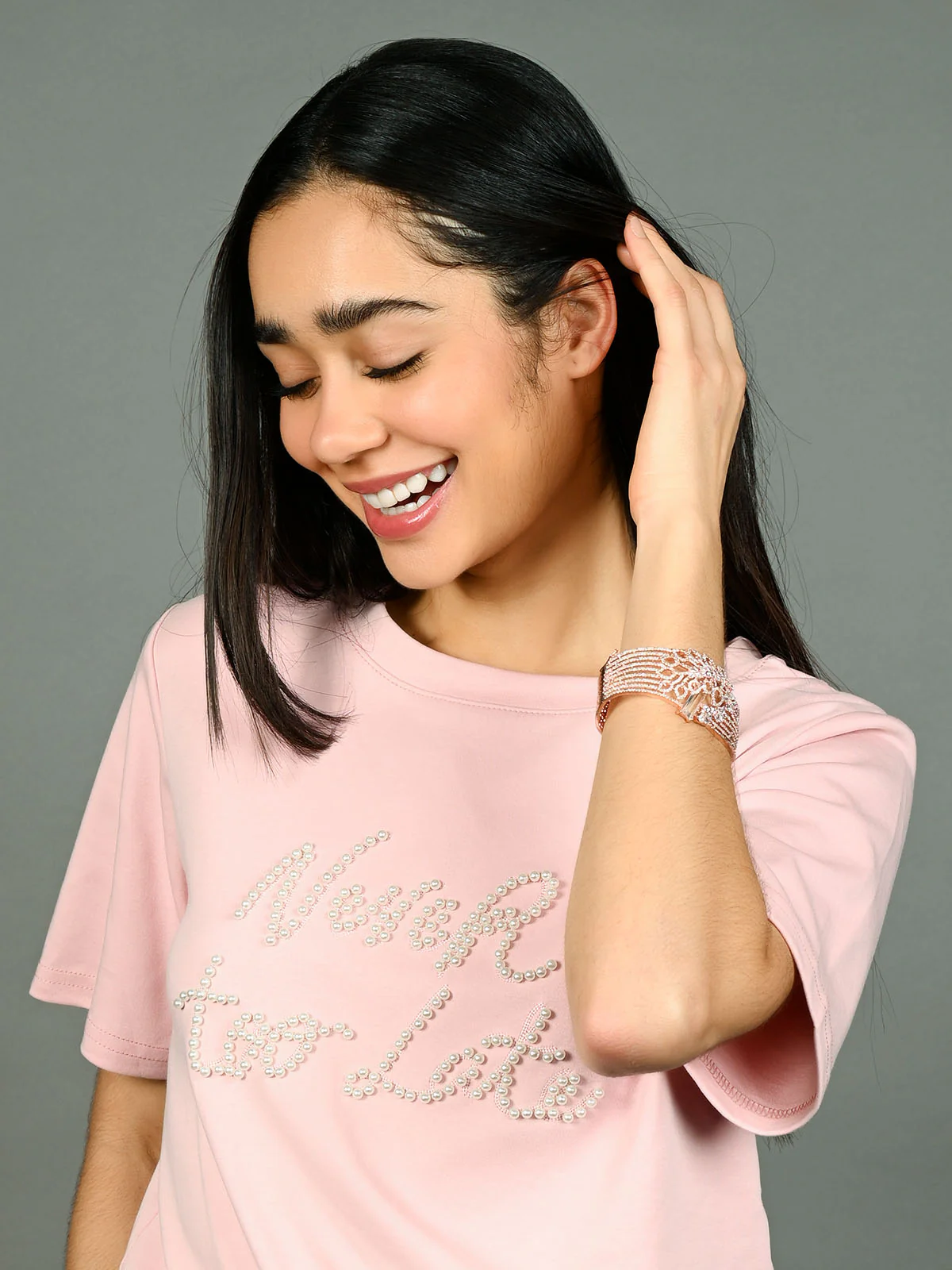 Odette Rose Gold Alloy Embellished Bracelet For Women