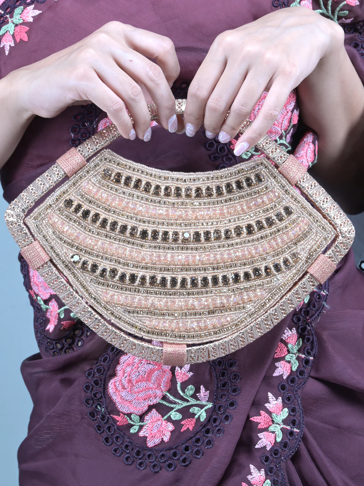 Odette Rose Gold Beads and Stone Embroidered Clutch for Women - Image 2