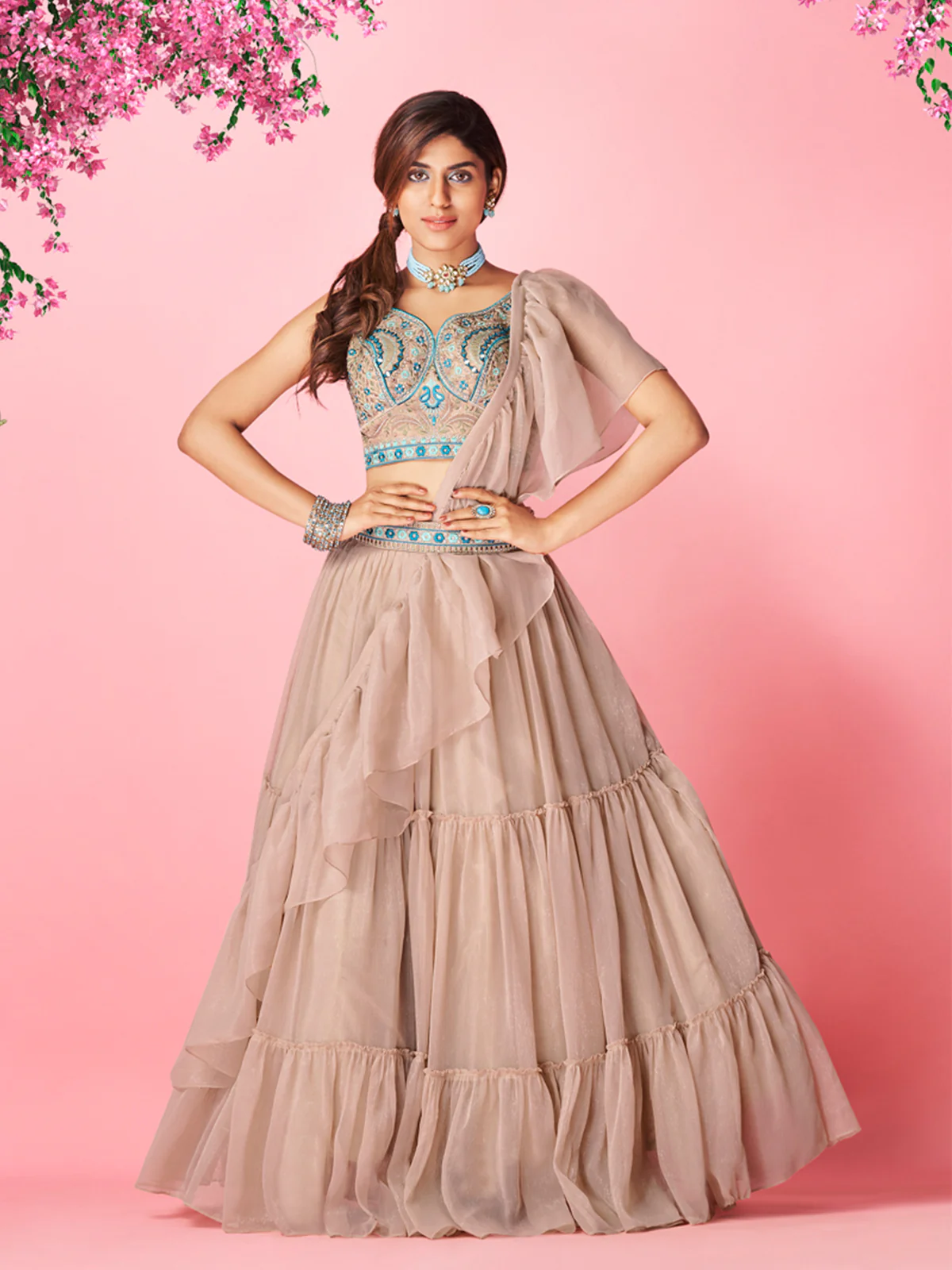 Odette Beige Chiffon Embellished Semi Stitched Lehenga With Unstitched Blouse For Women