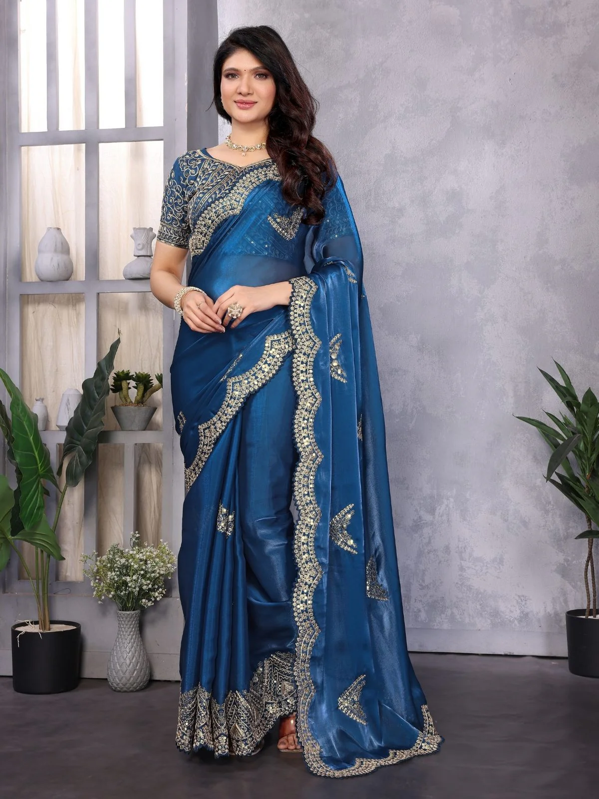 Odette Royal Blue Chiffon Embroidered Saree For Women