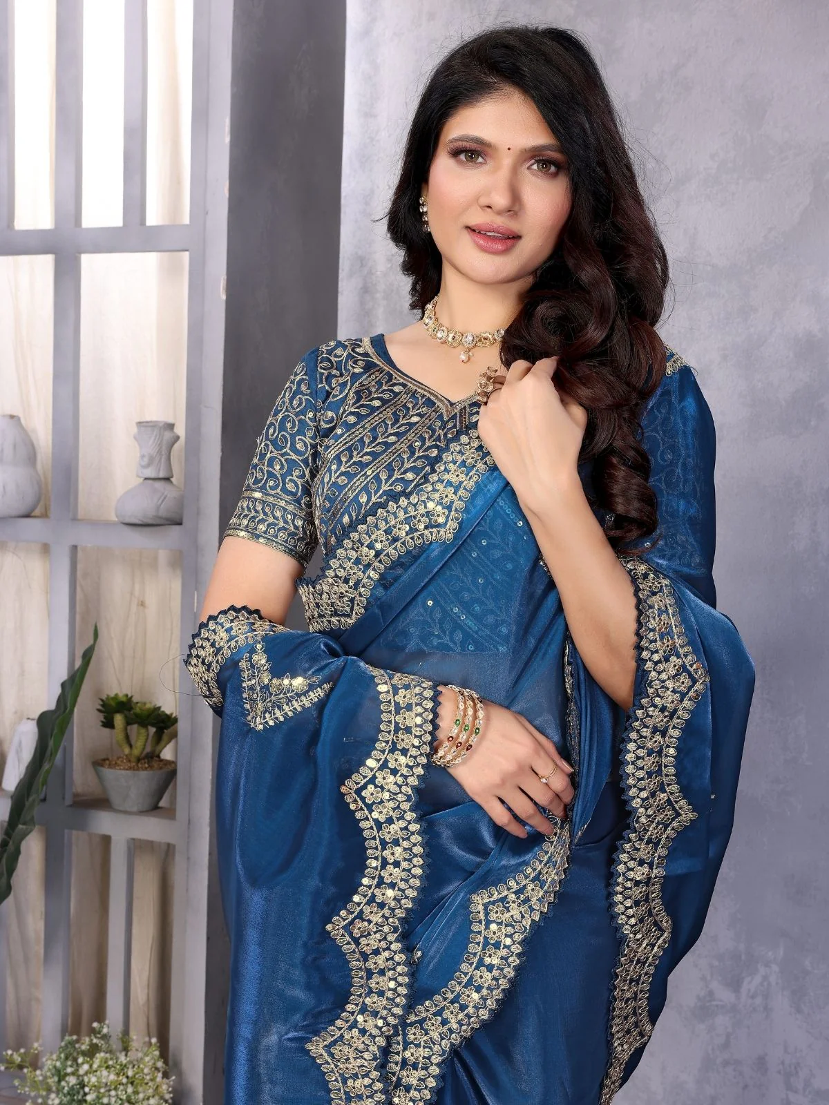 Odette Royal Blue Chiffon Embroidered Saree For Women - Image 4