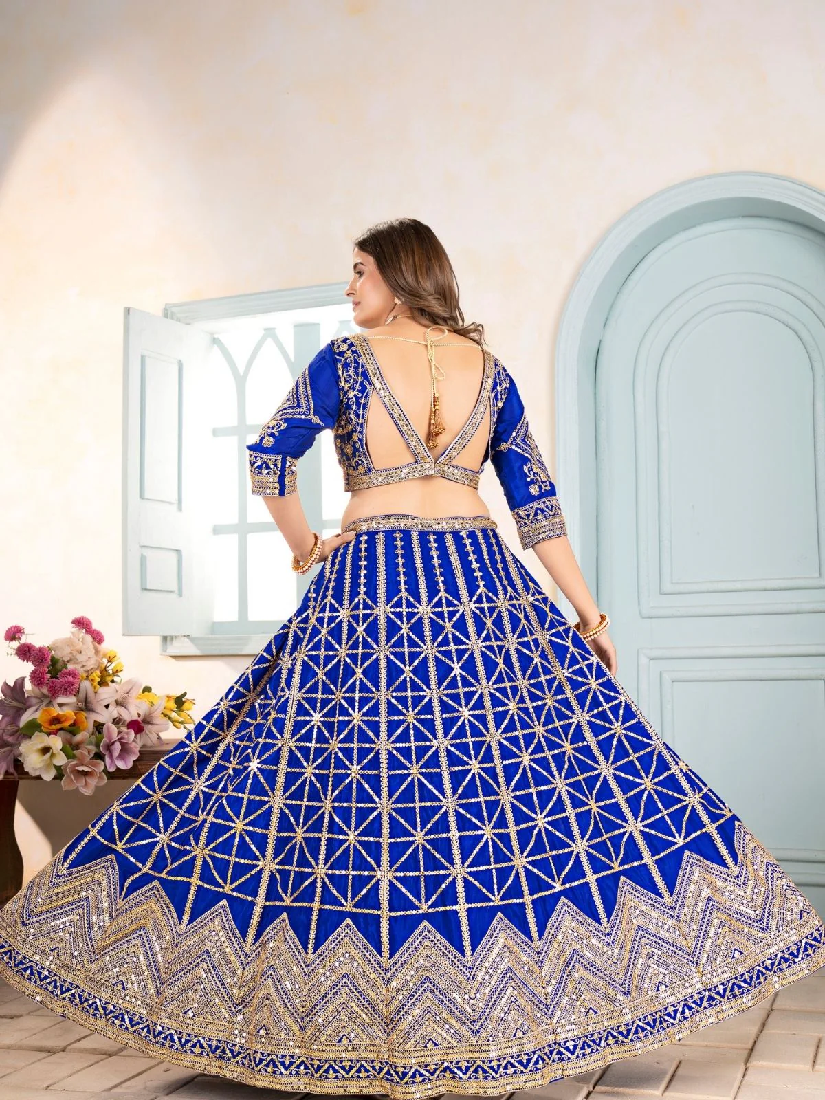 Odette Royal Blue Chinon Embellished Semi Stitched Lehenga For Women - Image 3