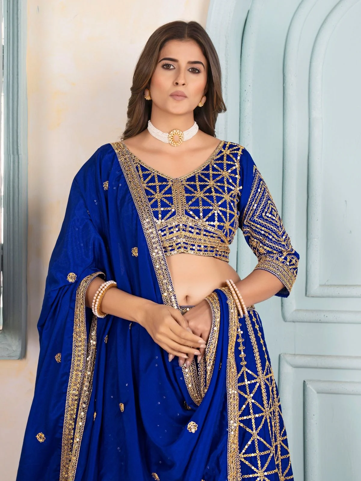 Odette Royal Blue Chinon Embellished Semi Stitched Lehenga For Women - Image 4
