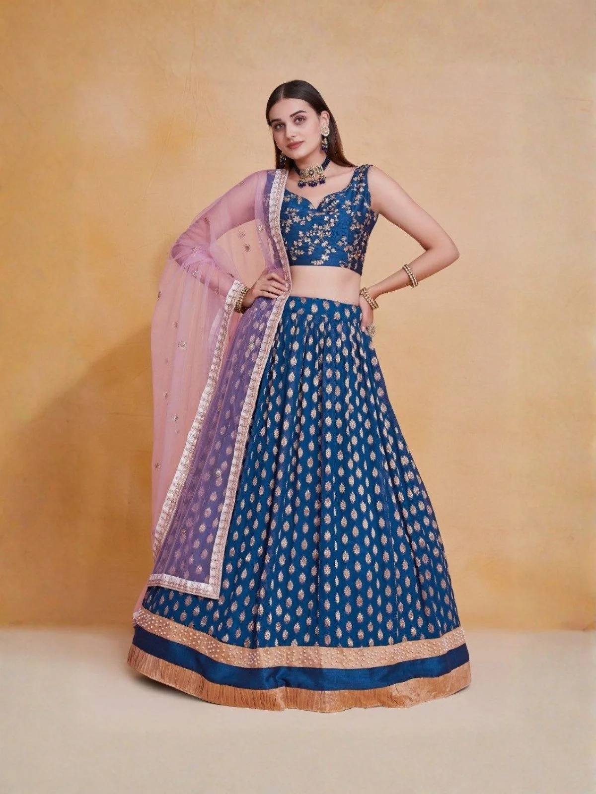 Odette Royal Blue Georgette Embellished Semi Stitched Lehenga For Women - Image 2