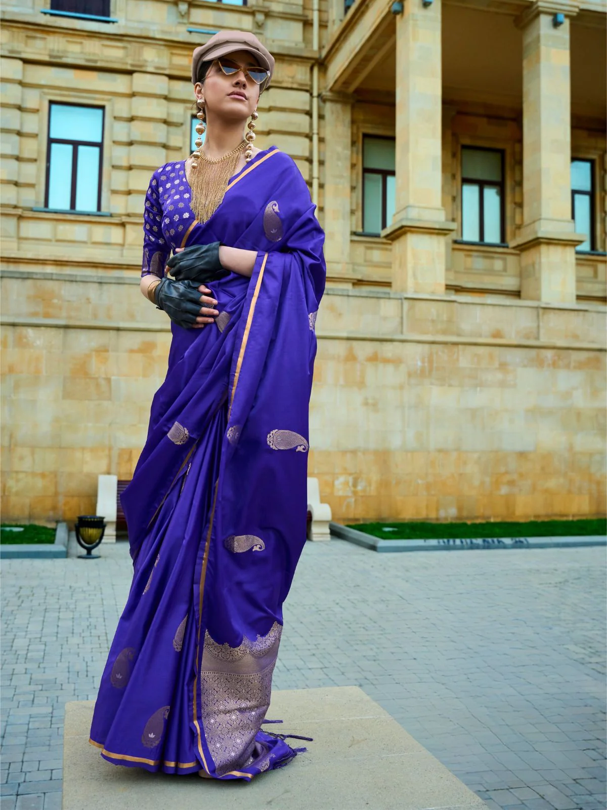 Odette Royal Blue Satin Woven Saree With Unstitched Blouse For Women
