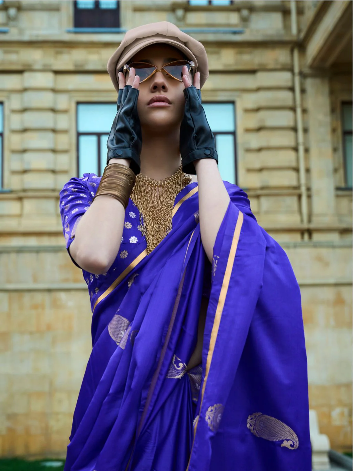 Odette Royal Blue Satin Woven Saree With Unstitched Blouse For Women - Image 2