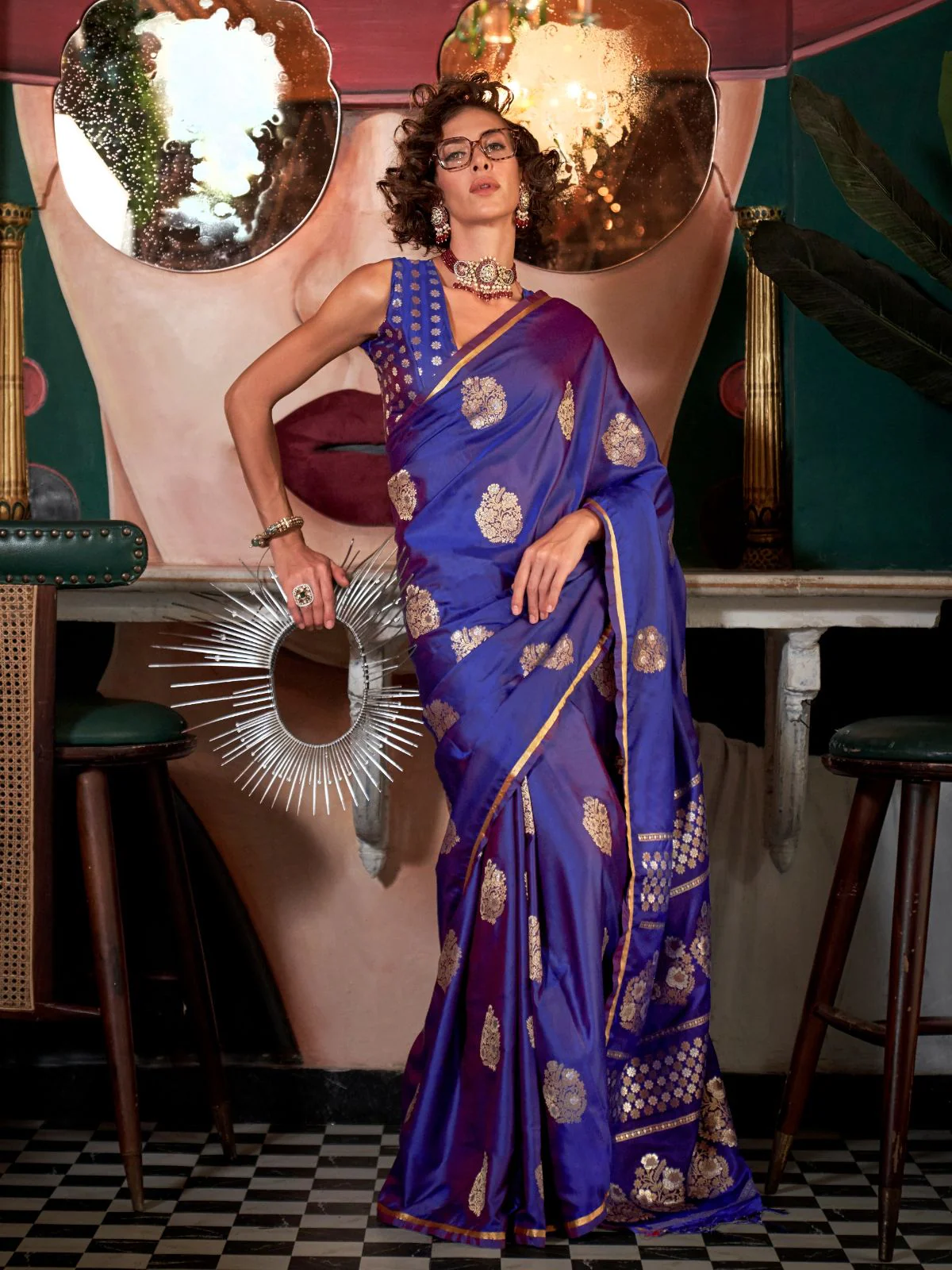 Odette Royal Blue Satin Woven Saree With Unstitched Blouse For Women