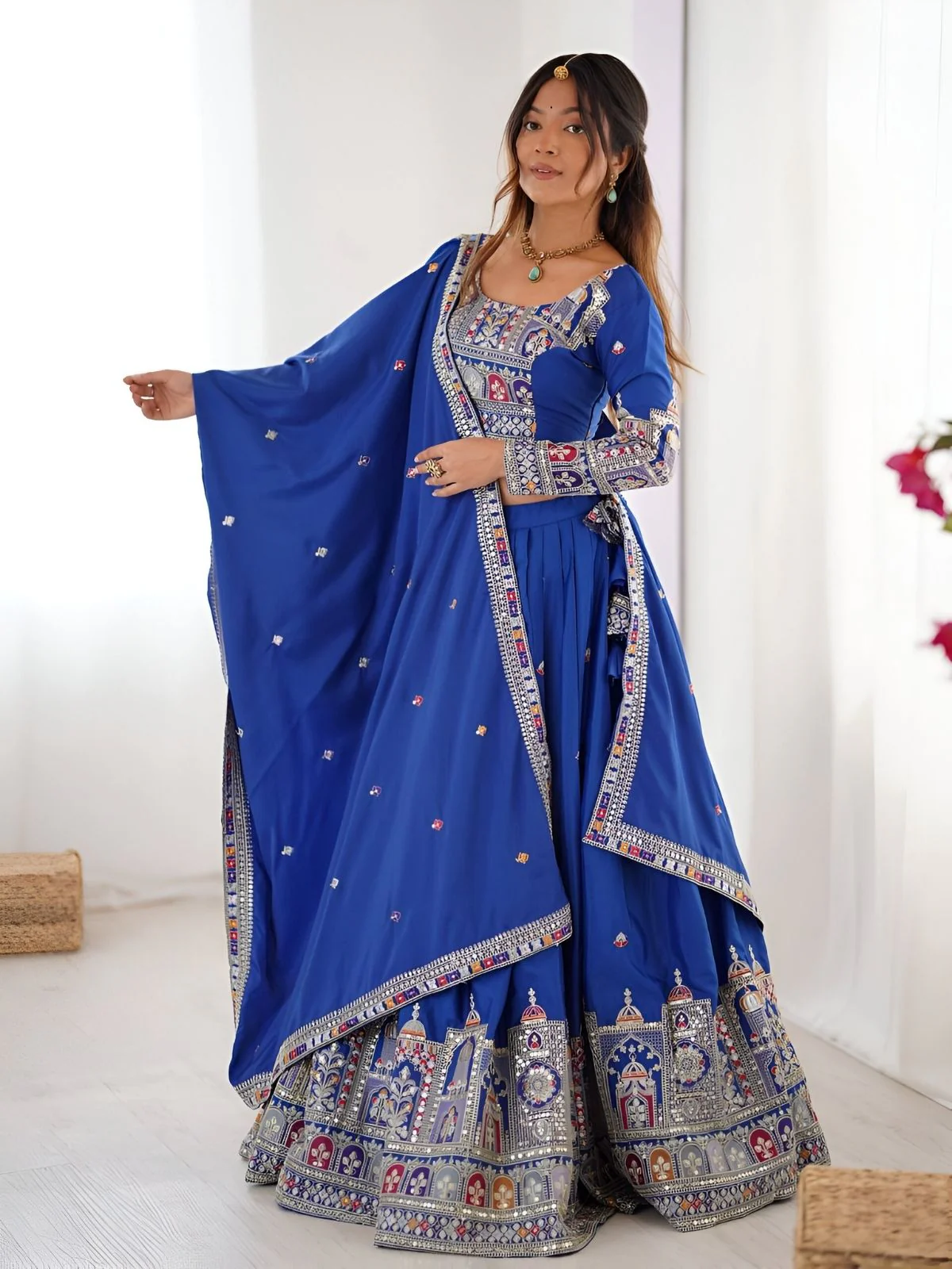 Odette Royal Blue Silk Blend Embroidered Semi-Stitched lehenga For Women