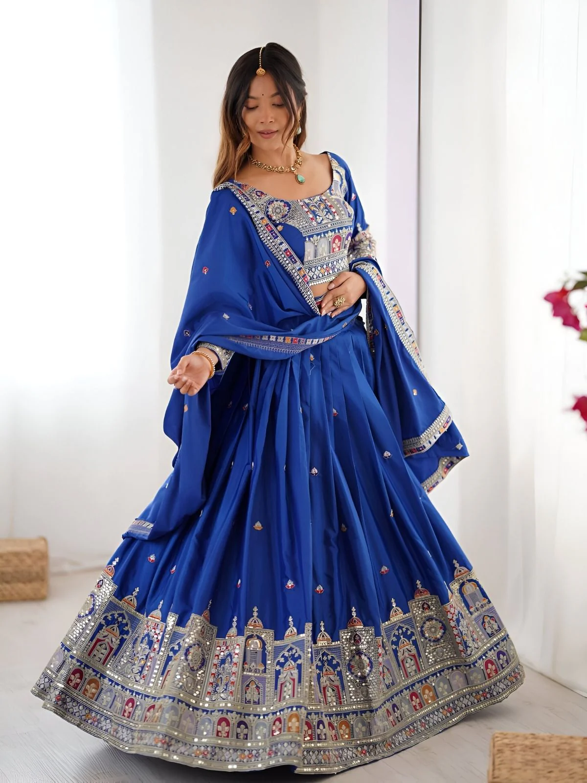 Odette Royal Blue Silk Blend Embroidered Semi-Stitched lehenga For Women - Image 2