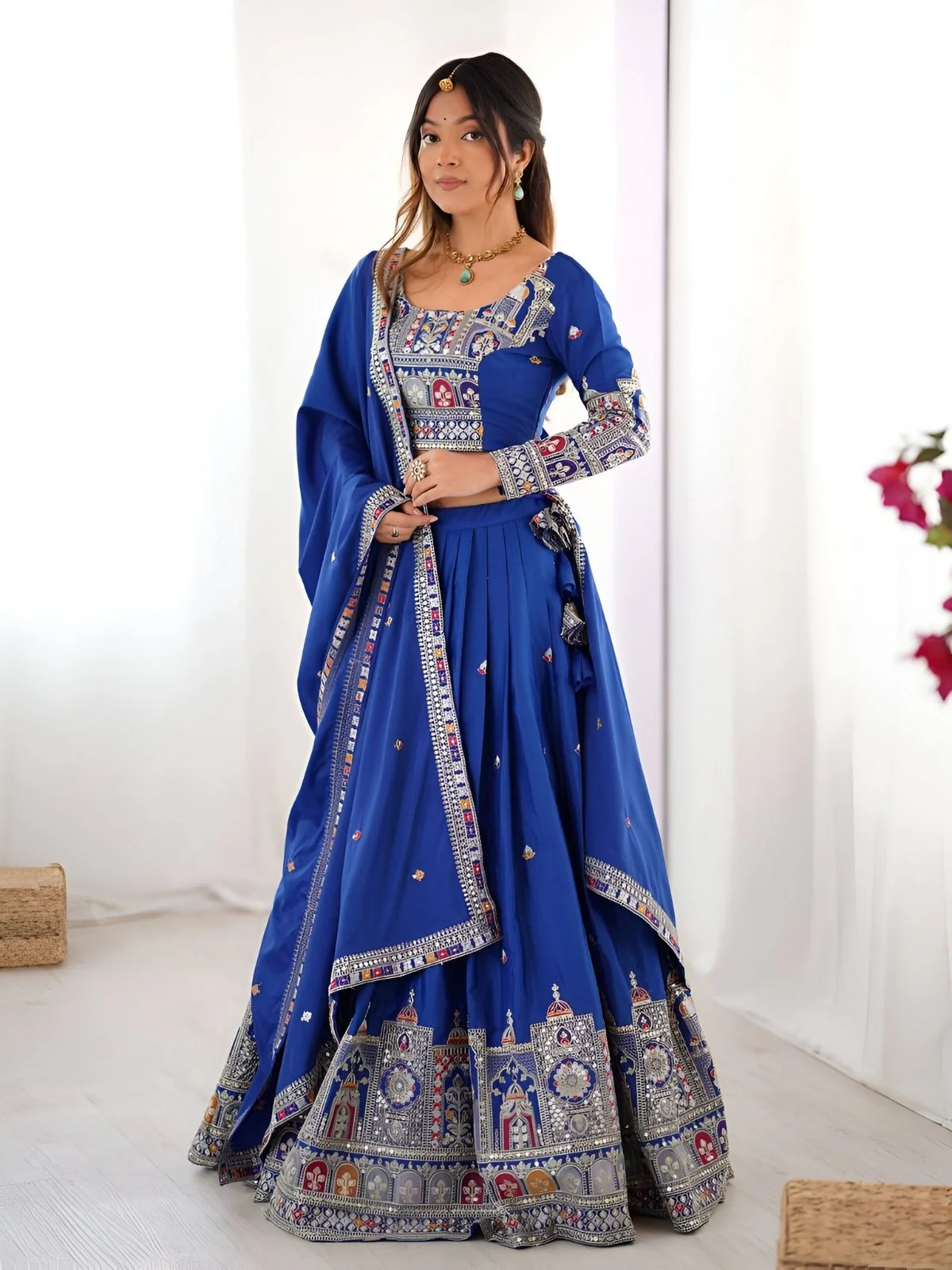 Odette Royal Blue Silk Blend Embroidered Semi-Stitched lehenga For Women - Image 3