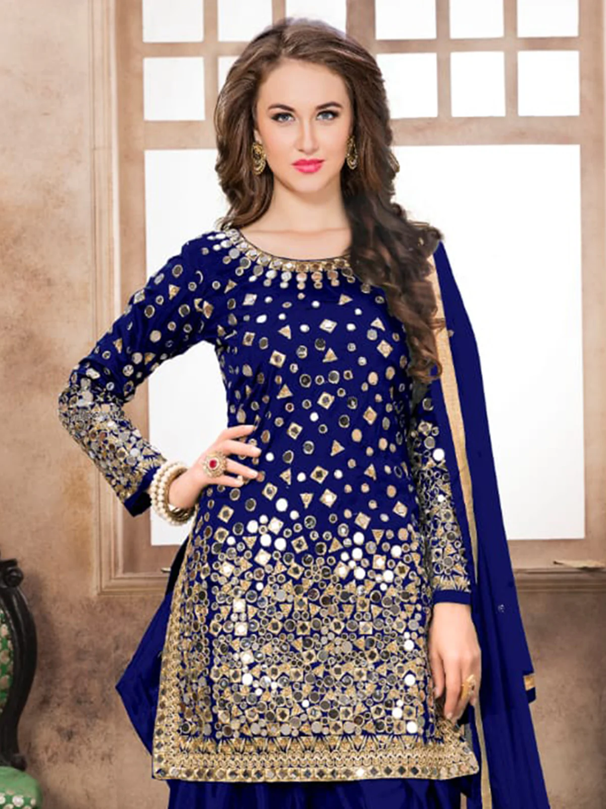 Odette Royal Blue Tafeta Embellished Semi stitched Kurta Set For Women - Image 2