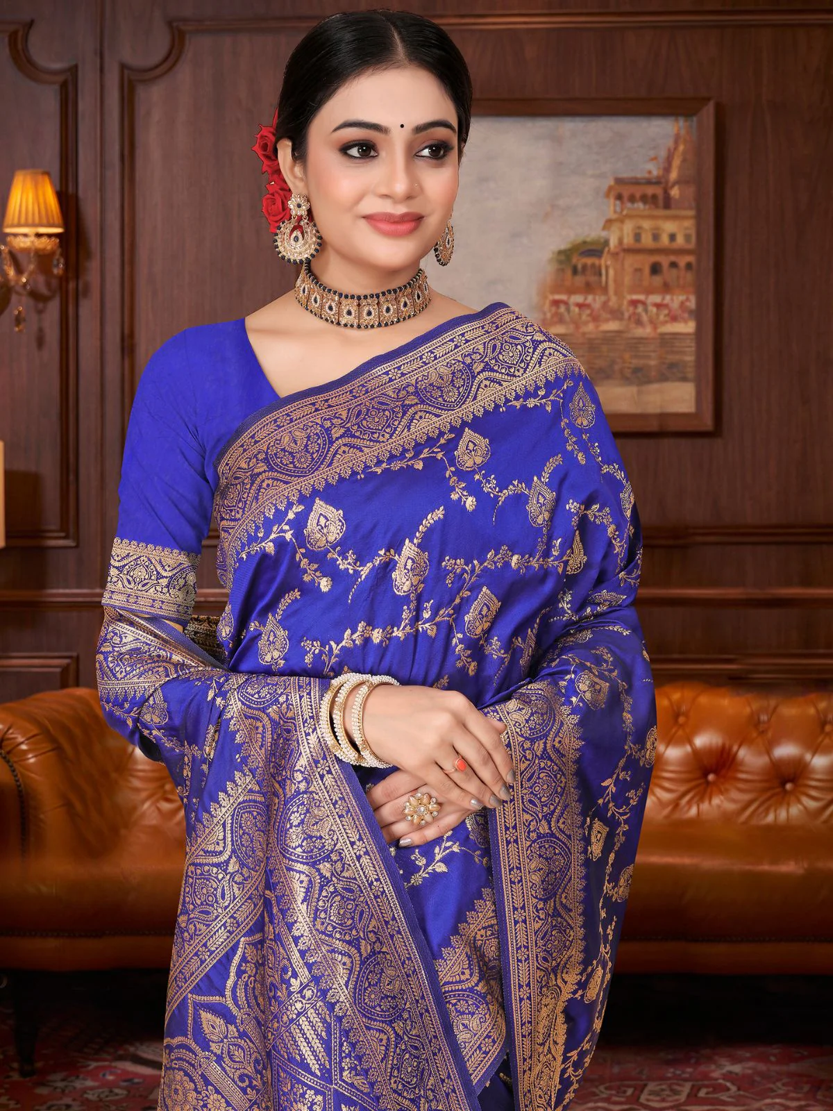 Odette Royal Blue Woven Banarasi Silk Saree With unstitched Blouse For Women - Image 4