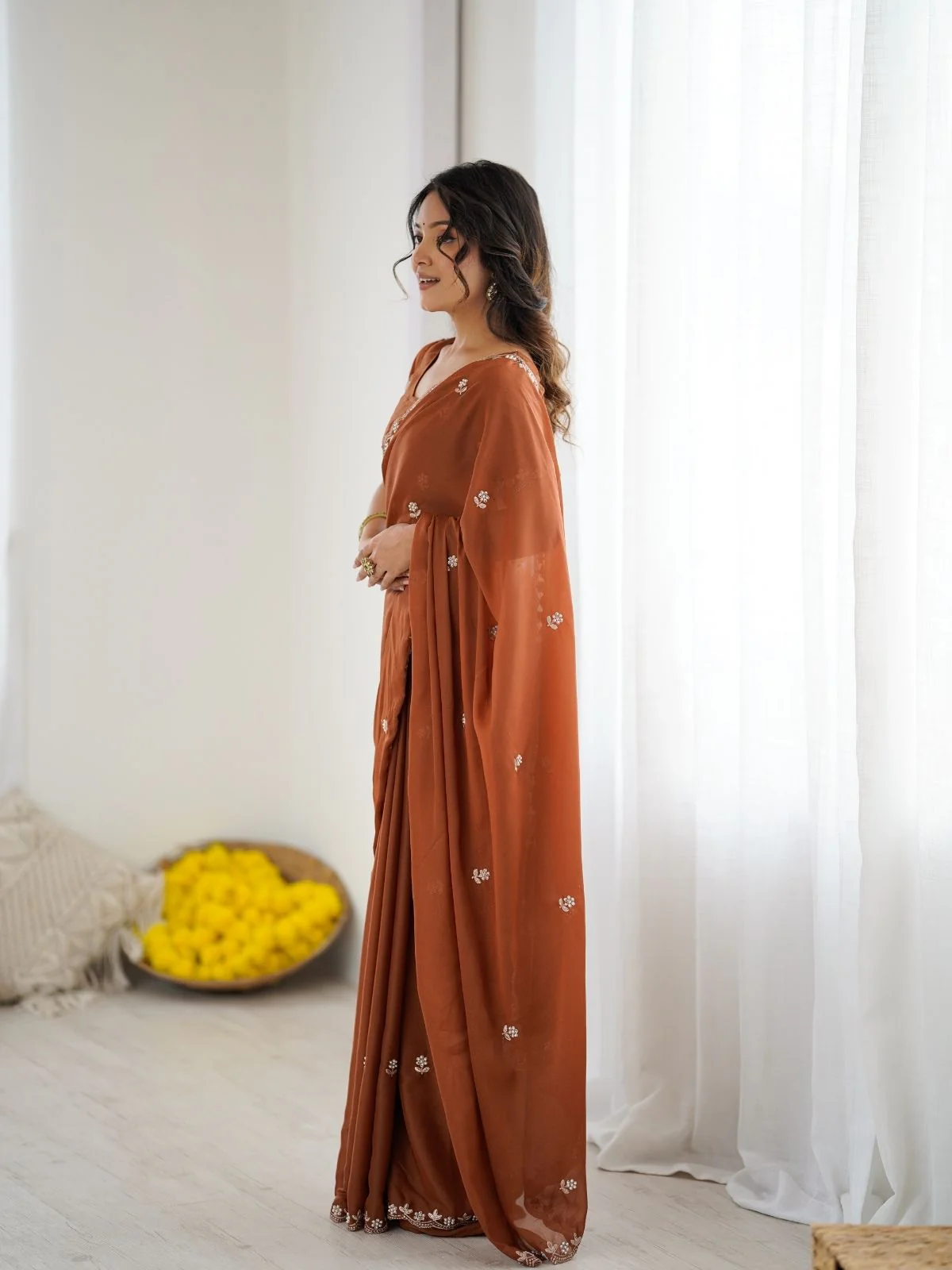 Odette Rust Brown Georgette Embroidered Saree For Women - Image 2