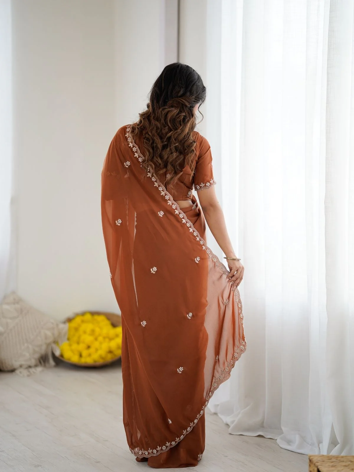 Odette Rust Brown Georgette Embroidered Saree For Women - Image 3