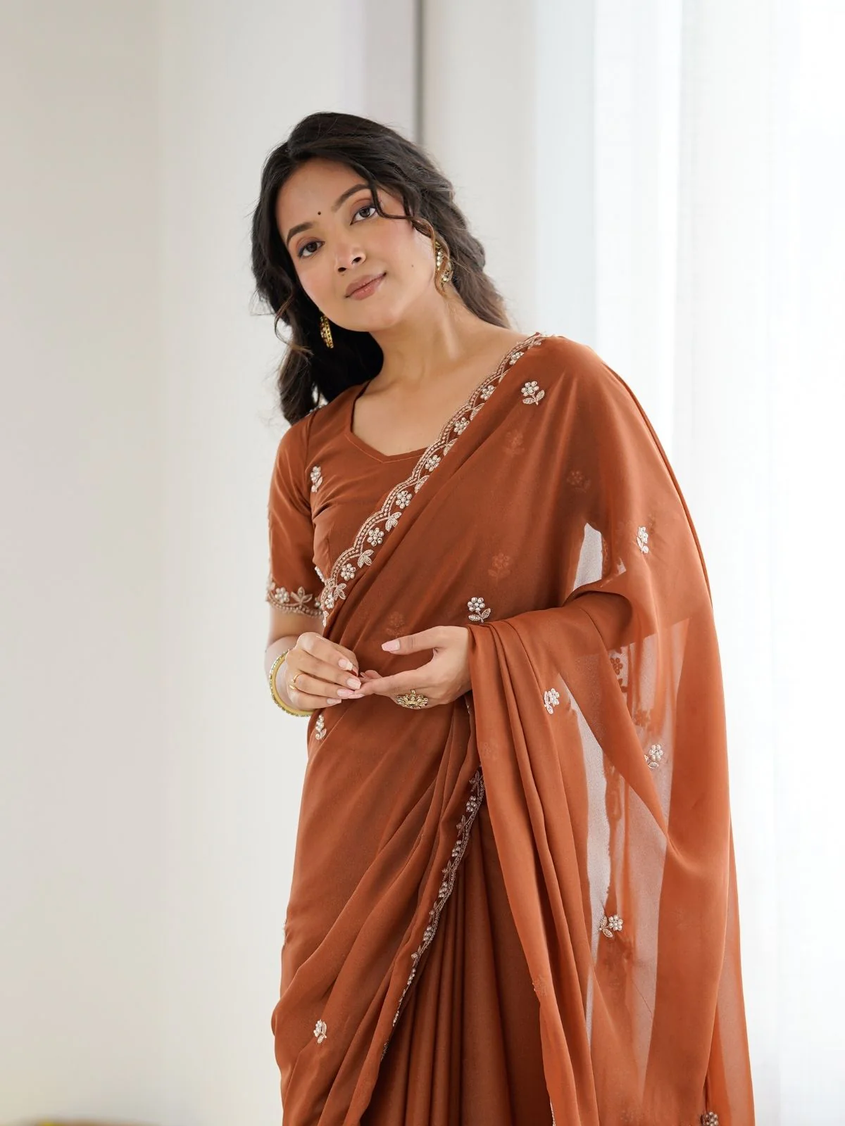 Odette Rust Brown Georgette Embroidered Saree For Women - Image 4